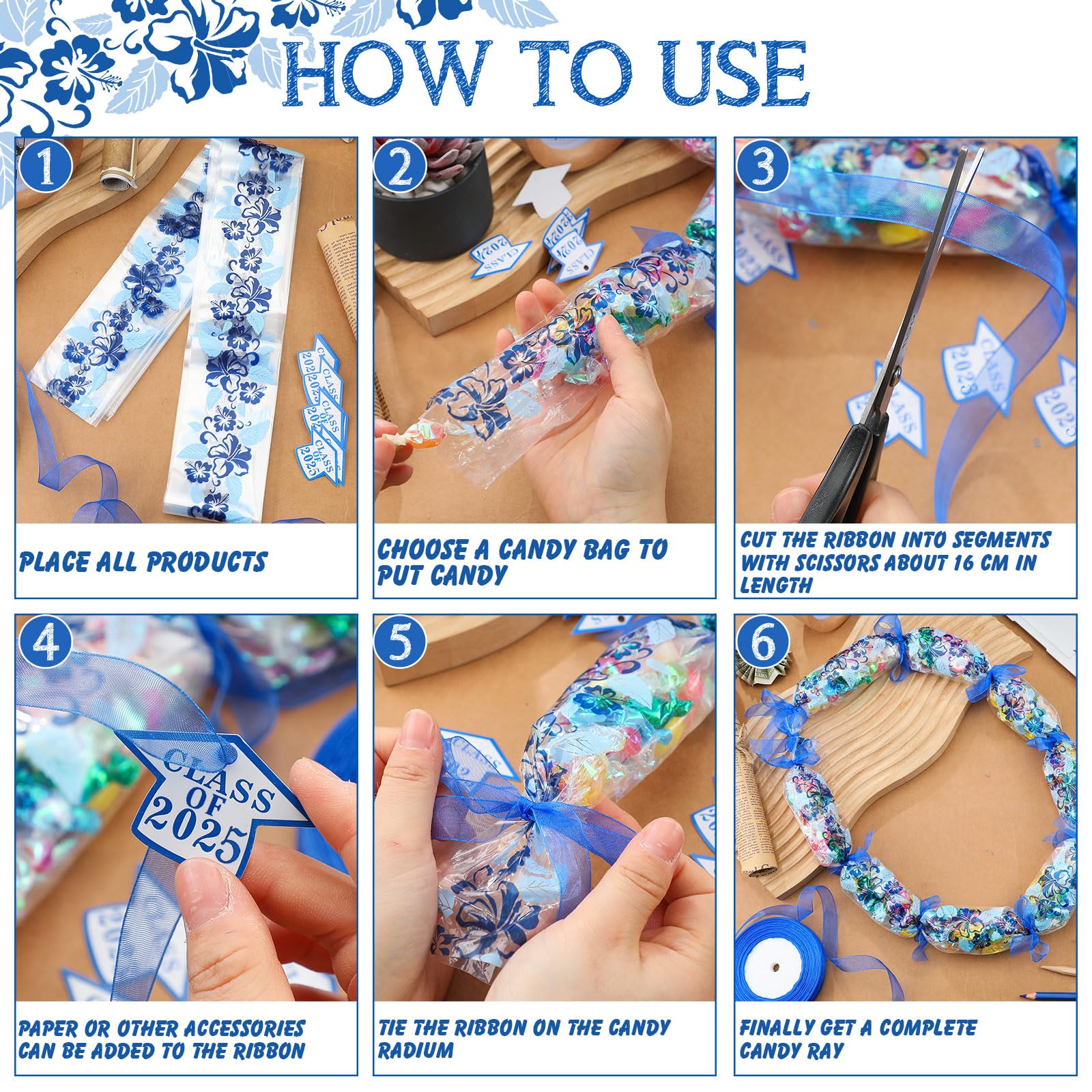 Junkin 24 Set Candy Lei Making Kit for Graduation - Class of 2025 Hawaiian Party Decorations with Long Ribbons, Dessert Filler & Graduate Gifts (Blue) | Perfect for Graduation Parties, Hawaiian Themed Events & DIY Gift Giving