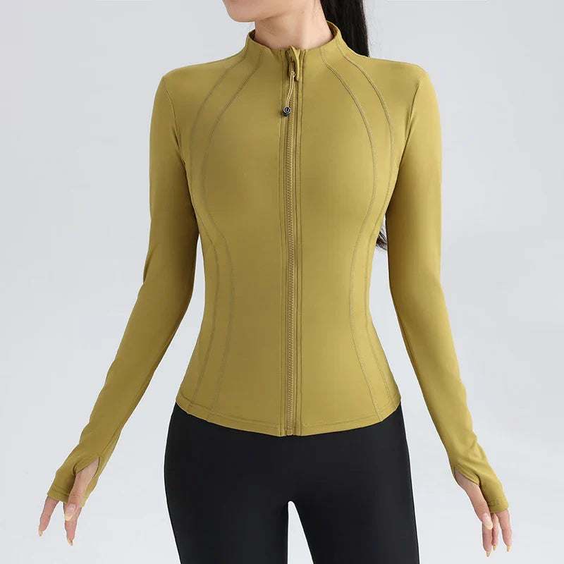 Women's Full Zip Yoga Jacket with Thumbholes - Stretch Fit Long Sleeve Workout Top for Gym, Running & Fitness - Breathable Round Neck Sportswear for Yoga, Pilates & Outdoor Activities