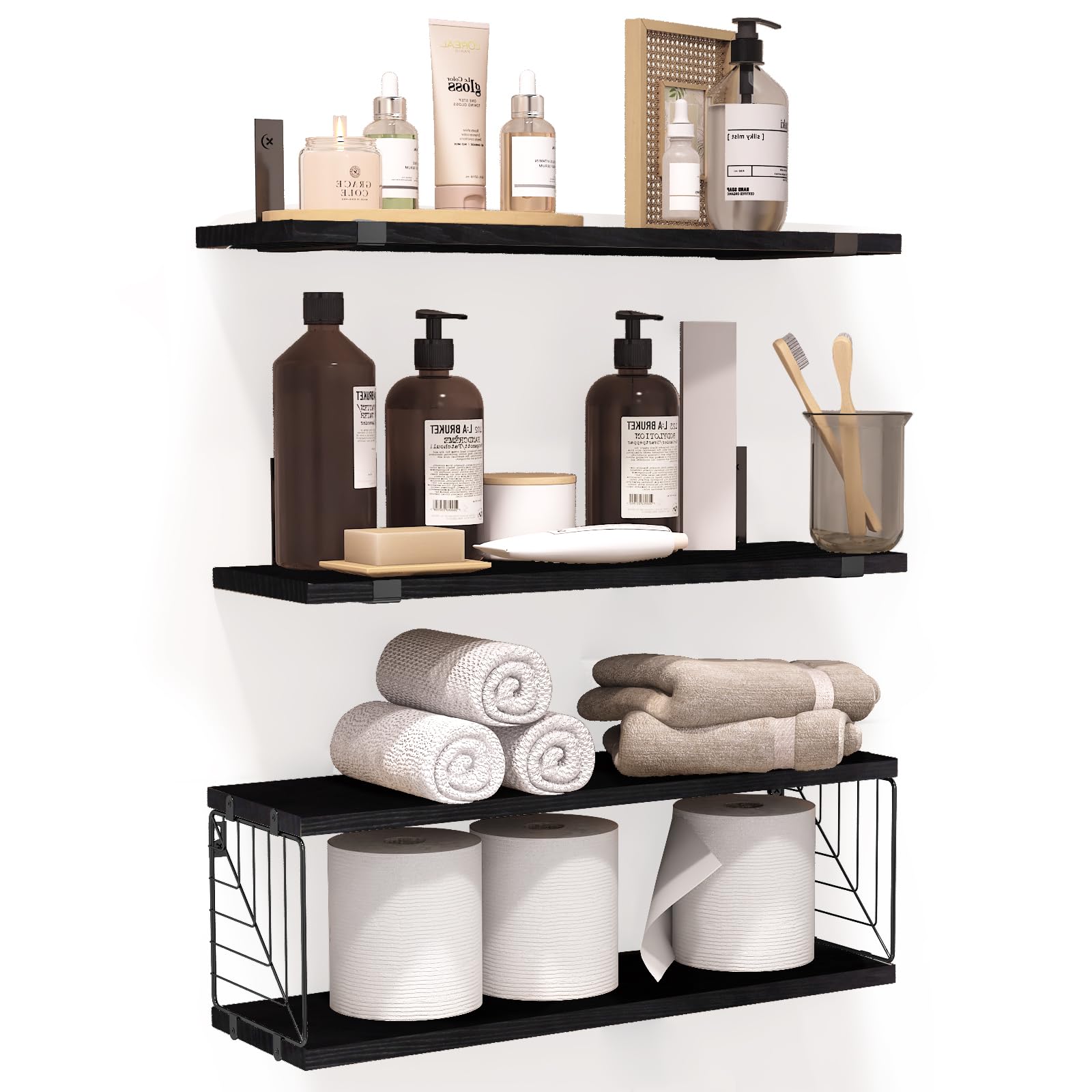 Fixwal 3-Tier Floating Bathroom Shelves Over Toilet - 15.8 Inch Rustic Farmhouse Wood Wall Shelves for Bathroom Storage - Space-Saving Decor for Living Room, Bedroom & Kitchen (Black) - Perfect for Organizing Toiletries, Towels and Decorative Items