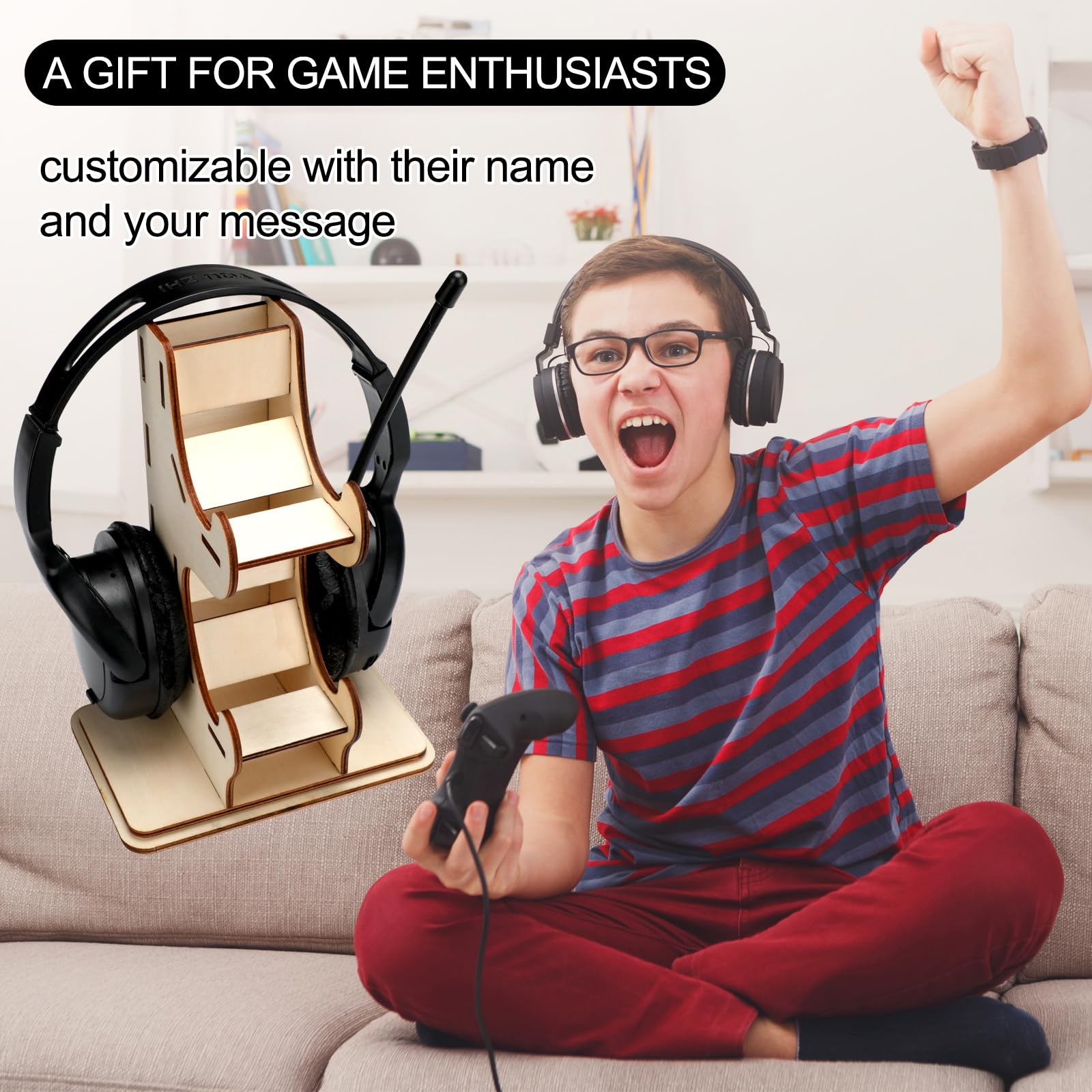 2-Tier Wooden Christmas Game Controller Stand with Custom Stickers - Universal Gaming Headset Holder & Headphone Hanger - Perfect PC Accessories Organizer for Gamer Desk Setup (Ideal for PS5, Xbox, Nintendo Switch)