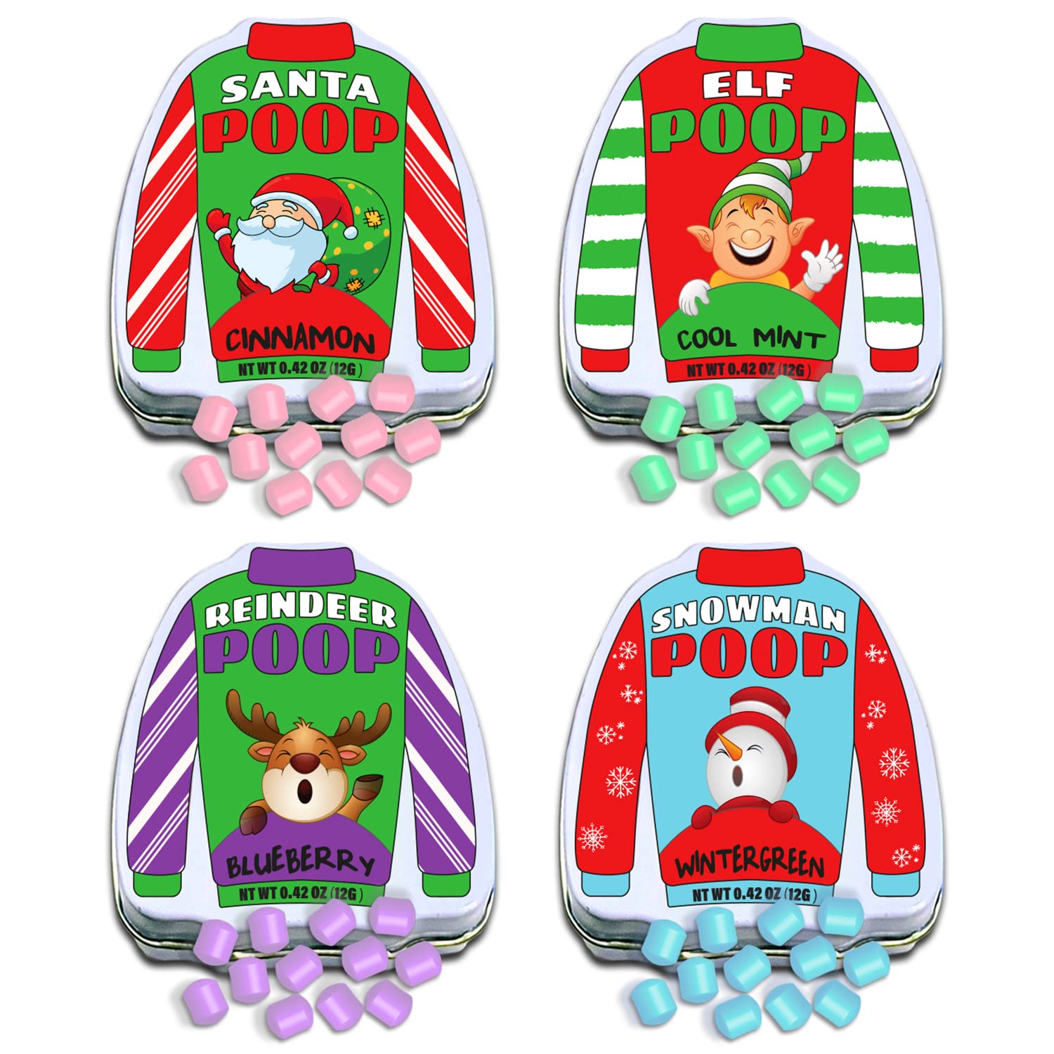 Funny Christmas Poop Mint Candy 4-Pack in Ugly Sweater Tins - Holiday Breath Mints for Adults & Teens - Unique Stocking Stuffers & Gifts - Perfect for Office Parties, Secret Santa & Family Gatherings