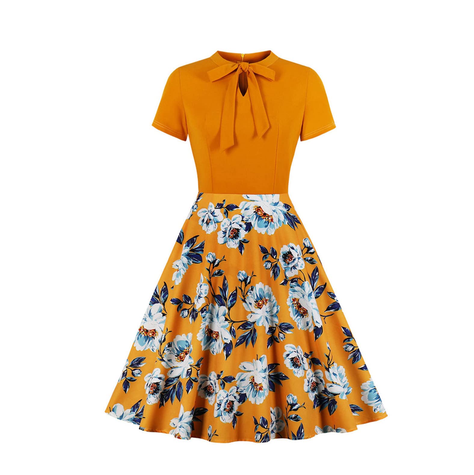 Orange and Floral Print Tie Neck Short Sleeve Summer Dress for Women - Elegant A-Line Vintage Style Dress for Beach, Garden Parties & Casual Outings