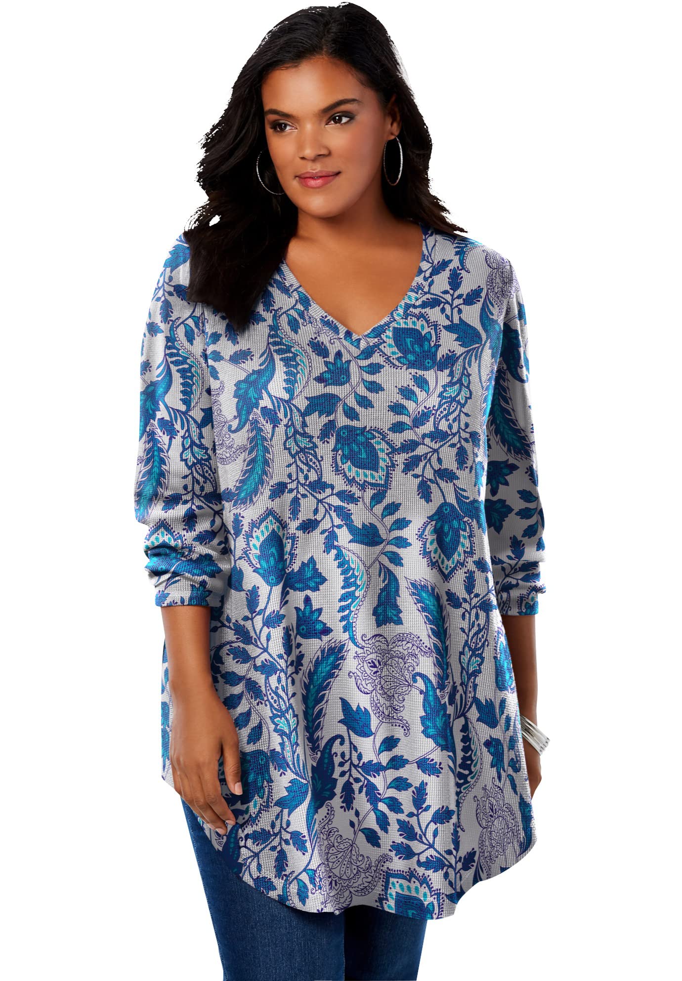 Roaman's Women's Plus Size V-Neck Thermal Waffle Tunic Long Sleeve Shirt - Warm & Stylish Winter Top for Casual Wear, Work & Layering
