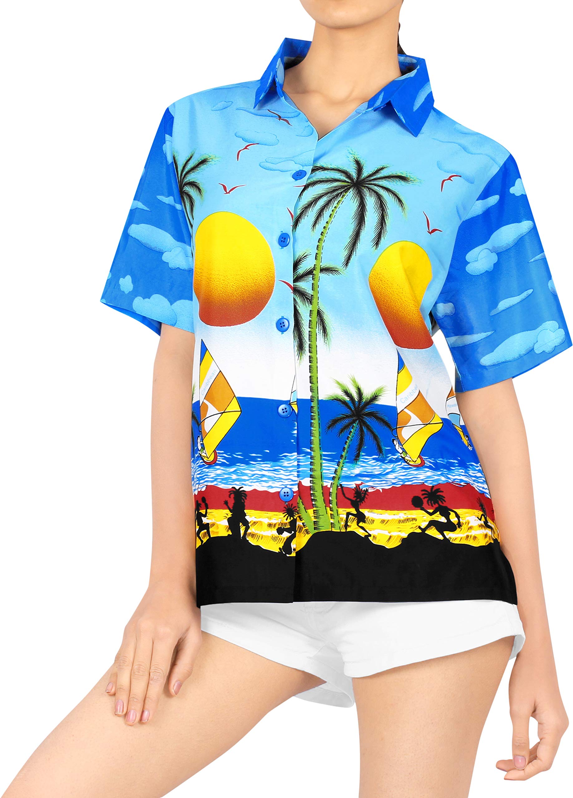 LA LEELA Women's Short Sleeve Hawaiian Beach Blouse - Floral Print Vacation Shirt for Summer, Pool Party & Tropical Getaways