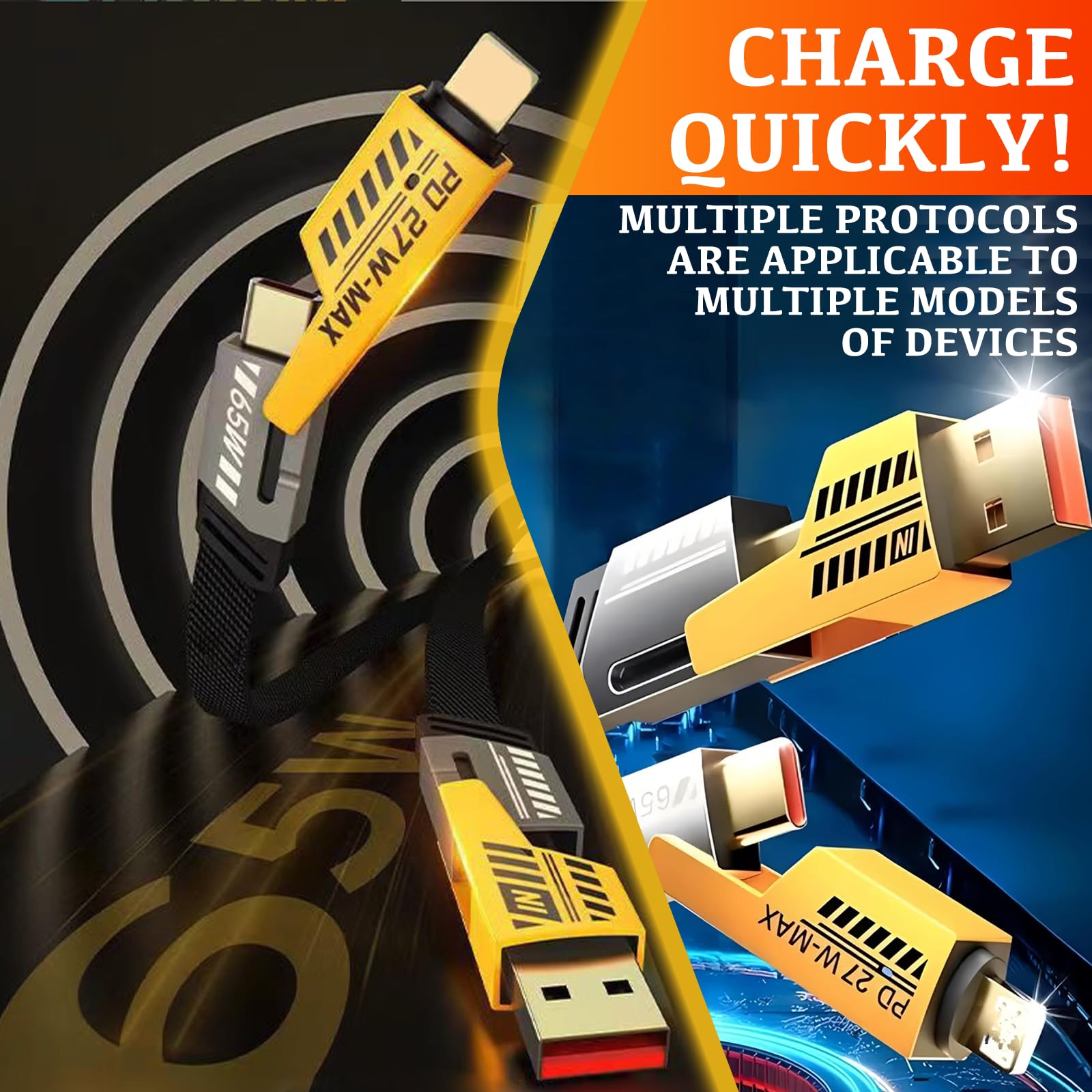 Benaewa 2 Pack 4-in-1 Multi Charger Cable - 65W USB C Fast Charging Cord for iPhone 15/14/13, Samsung Galaxy S23/S22, Android Phones, iPad, MacBook - Perfect for Home, Office & Travel Charging
