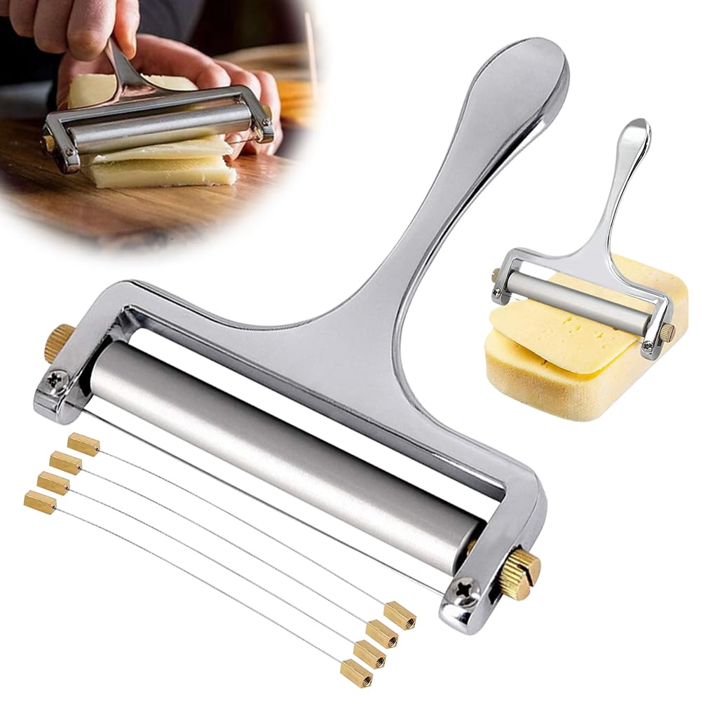 2025 Adjustable Stainless Steel Cheese Slicer with 4 Steel Wires - Perfect for Cheddar, Gruyere, Raclette & Mozzarella Blocks - Ergonomic Handheld Cheese Cutter for Kitchen, Party Platters & Charcuterie Boards