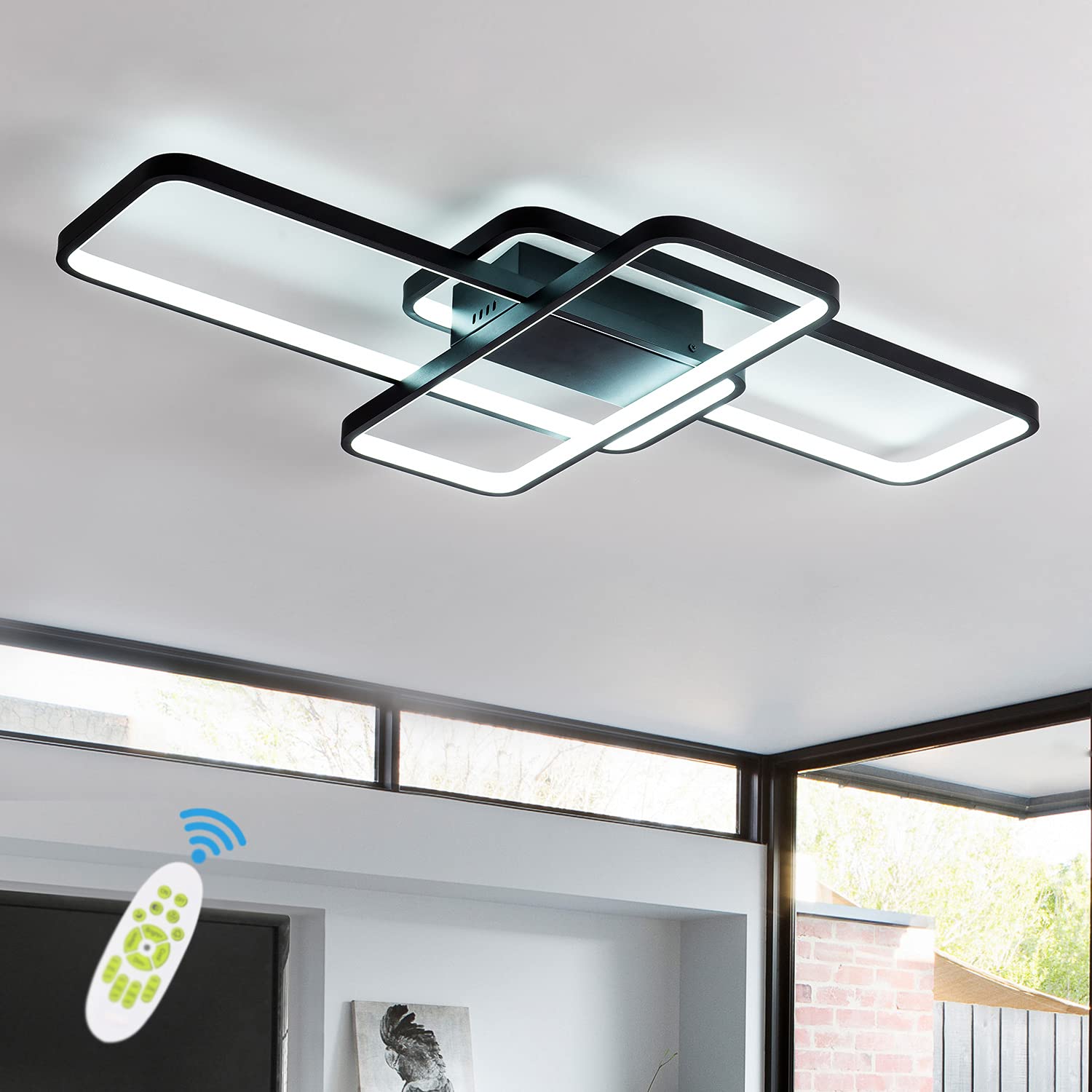 Modern LED Ceiling Light Fixture - 3 Square Dimmable Flush Mount Chandelier with Remote Control, 50W, Black | Perfect for Kitchen, Dining Room, Living Room & Bedroom Lighting
