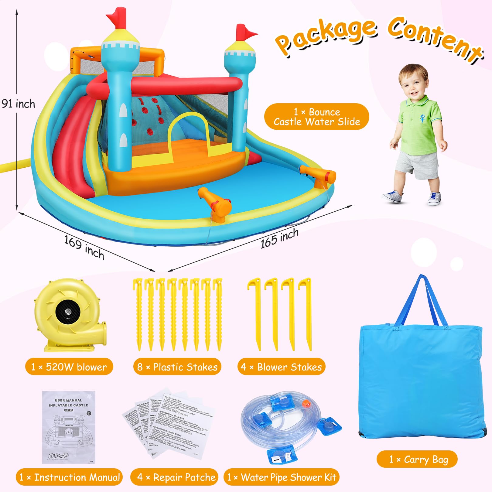 Inflatable Water Slide Bounce House for Kids - 14.1x13.8x7.5FT Double Lane Mega Waterpark with Climbing Wall, Water Cannons & Splash Pool - Outdoor Backyard Party, Summer Fun, Birthday Gifts - Includes Storage Bag & 520W Blower
