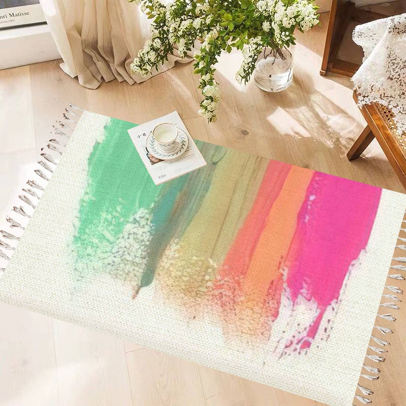 Vintage Cotton & Linen Tassel Rug with Abstract Watercolor Design - Boho Chic Washable Woven Runner Mat for Kitchen, Bathroom, Outdoor Decor | Perfect for Bohemian Home Styling and Cozy Living Spaces