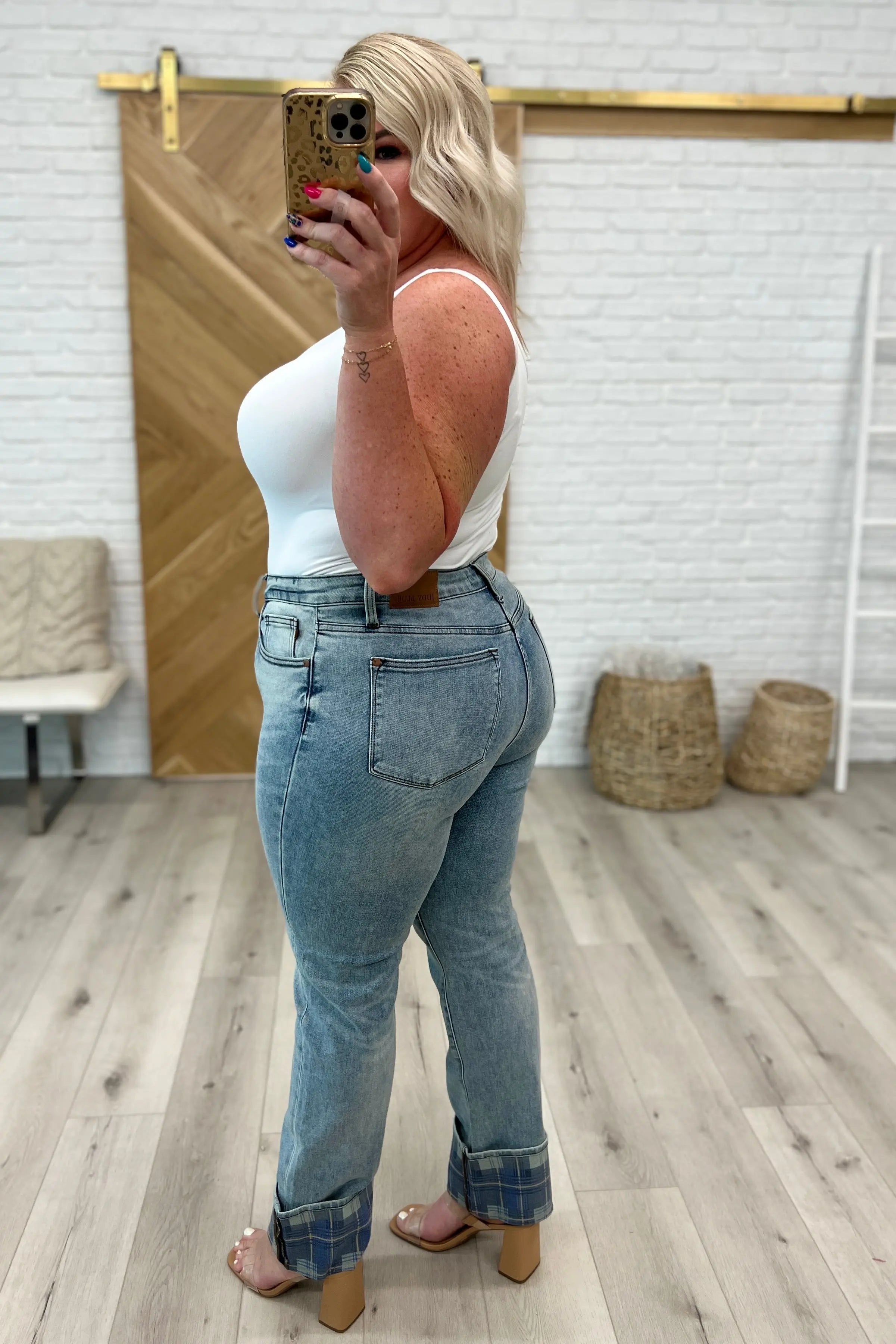 Miranda High Rise Plaid Cuff Vintage Straight Jeans for Women - Classic Retro Denim Pants with Checkered Hem Detail | Perfect for Casual Outfits, Date Nights & 90s Fashion Looks