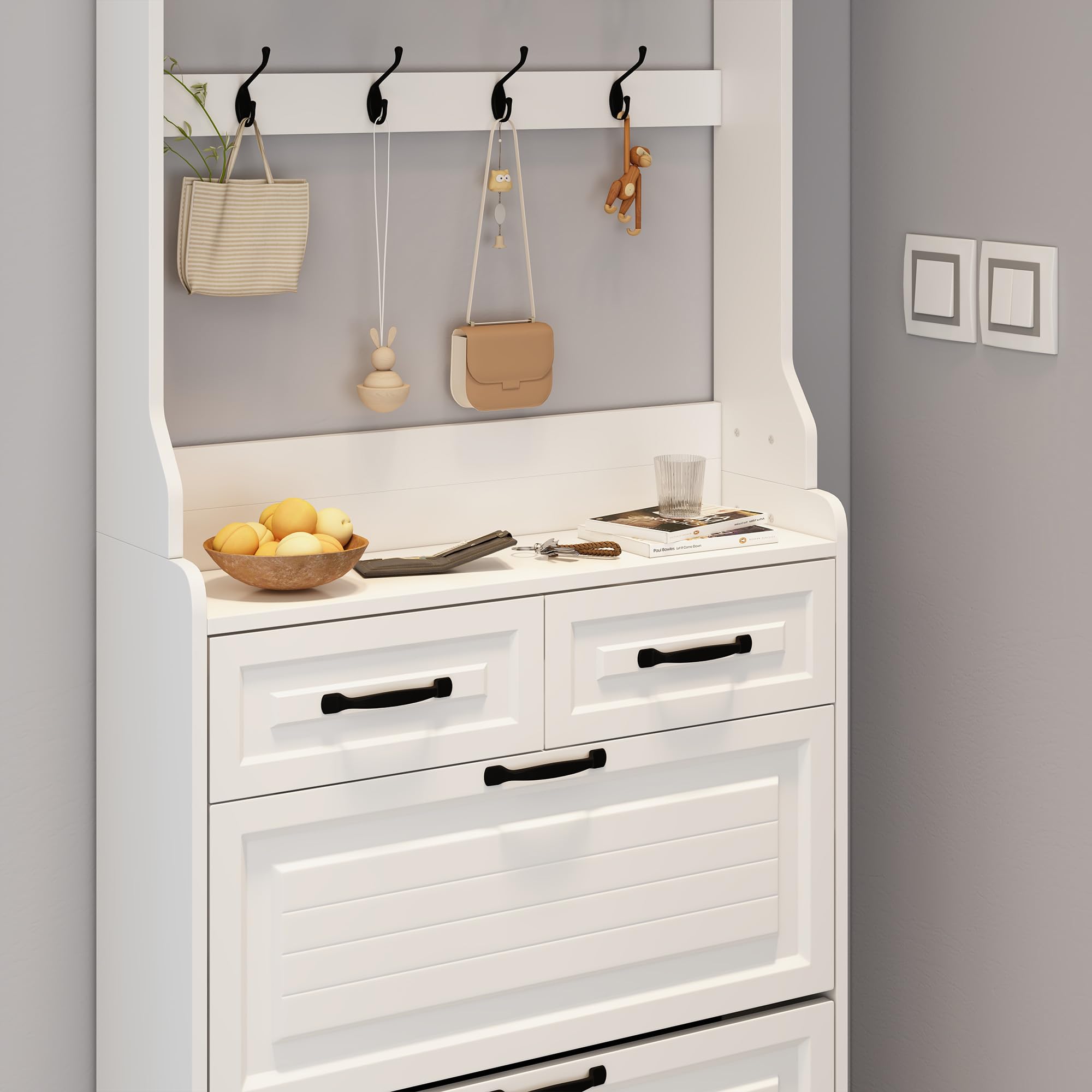Olela Slim Shoe Cabinet for Entryway - Narrow Hidden Shoe Rack Organizer with Open Shelves, 8 Hooks & 3 Flip Drawers - Freestanding Storage for Hallway, Closet or Bedroom - Perfect for Small Spaces & Apartment Living