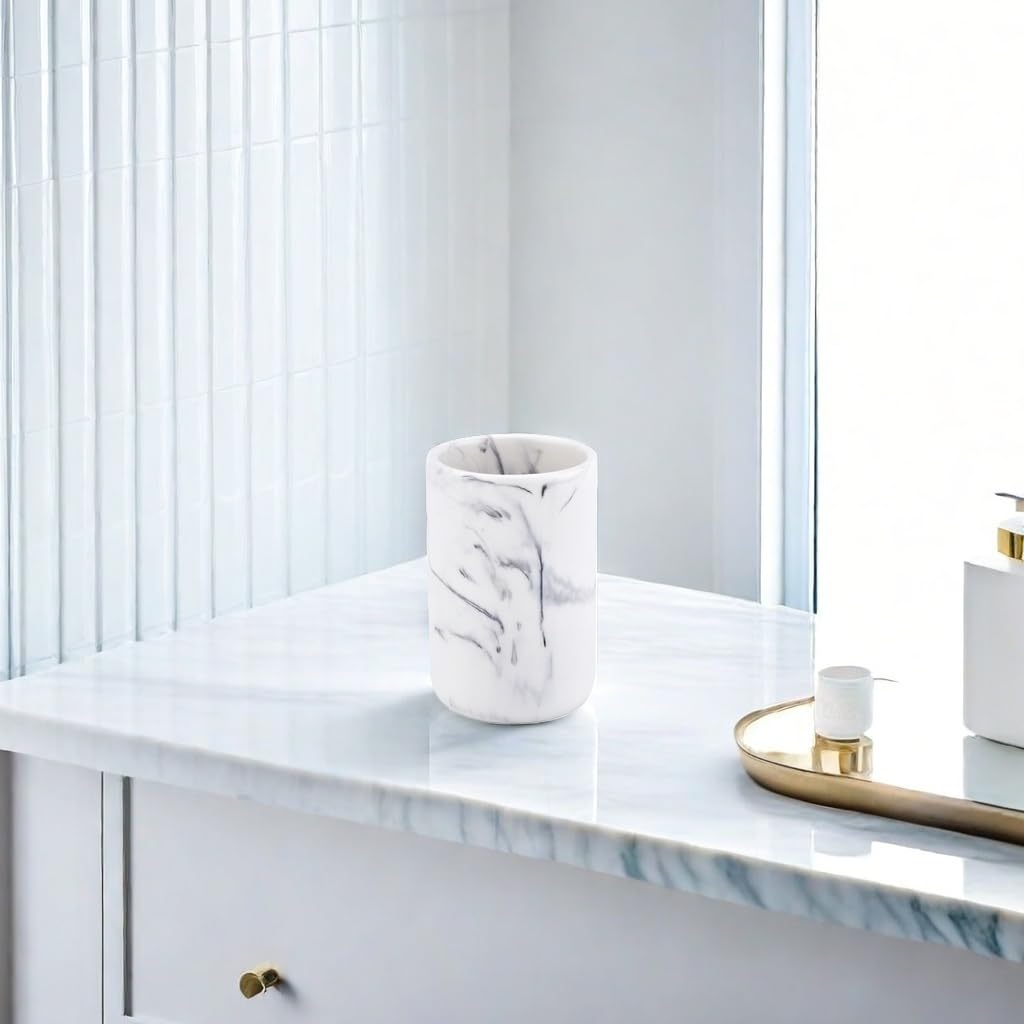 White Marble Look Resin Bathroom Tumbler Cup - Multifunctional Toothbrush & Toothpaste Holder, Pencil Organizer for Bathroom Countertop | Stylish Vanity Accessory for Modern Home Decor