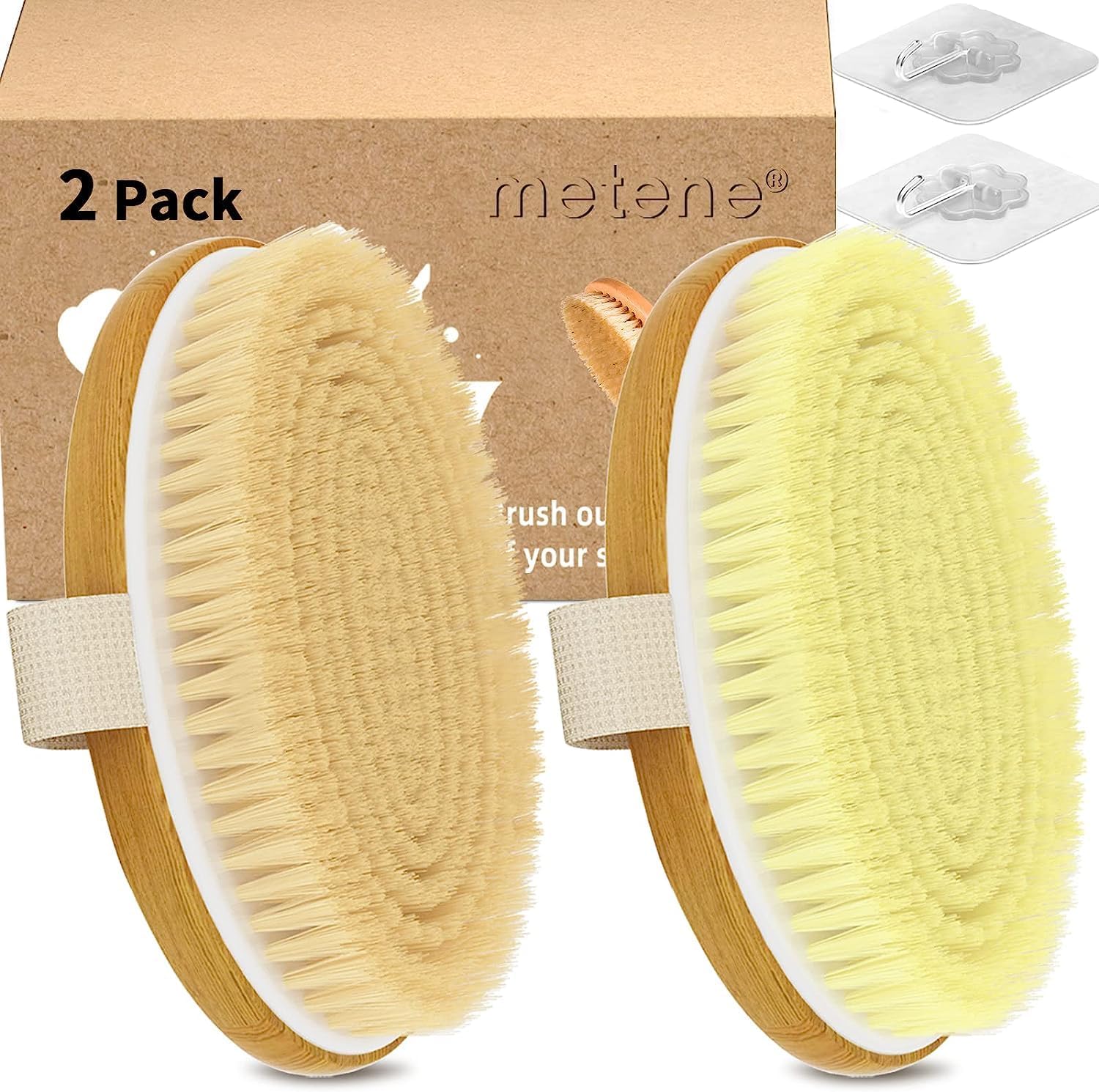 Metene 2 Pack Dry Body Brushes for Exfoliation – Natural Bristle Skin Scrubber to Improve Circulation, Prevent Ingrown Hairs & Reduce Cellulite – Perfect for Dry Skin Care & Spa Treatment at Home