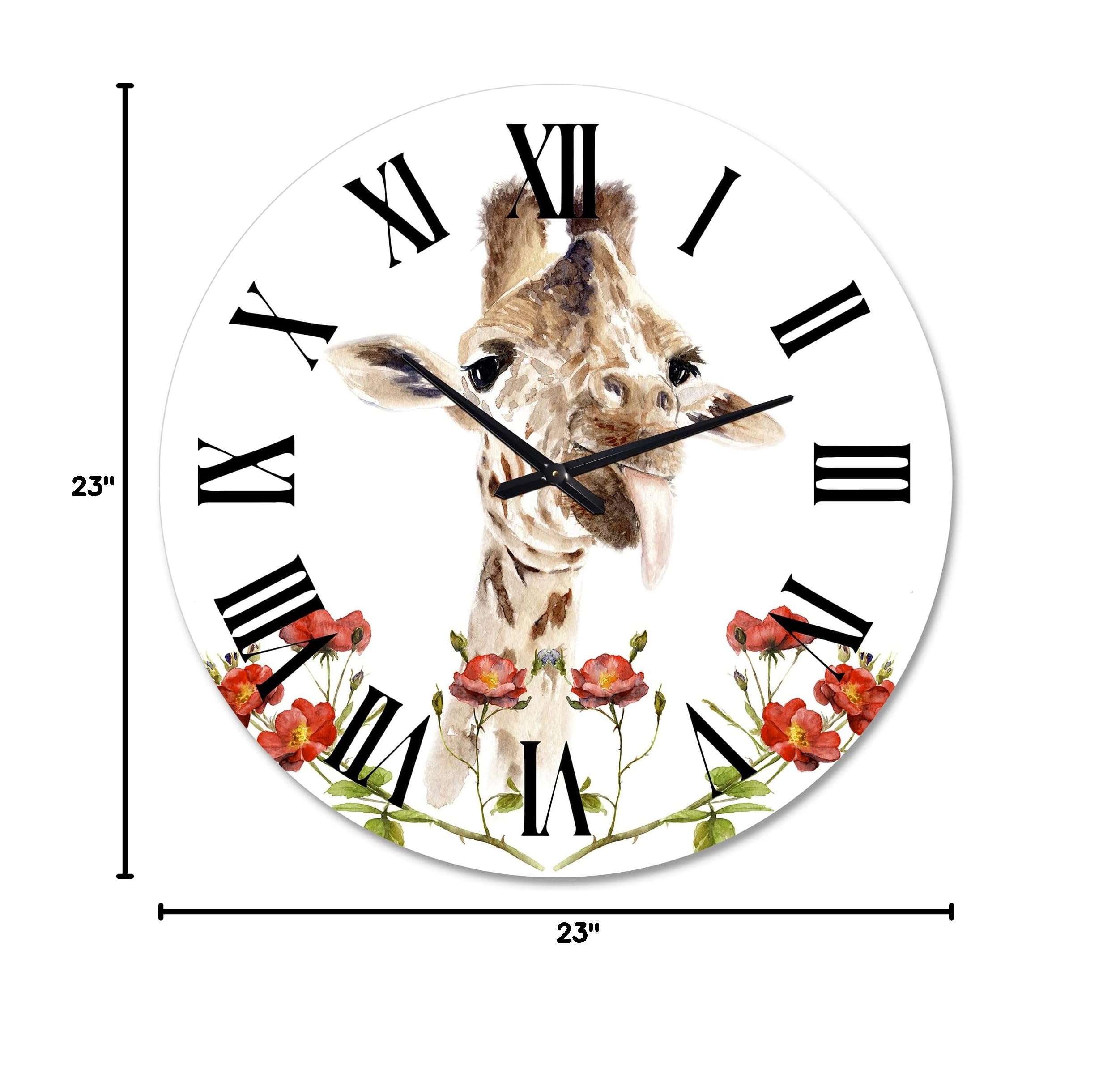 Farmhouse Wall Clock 'Portrait of A Giraffe with Flowers II' - Large Animal Wall Clock for Living Room, Bedroom & Office Decor - Rustic Home Décor Gift Idea