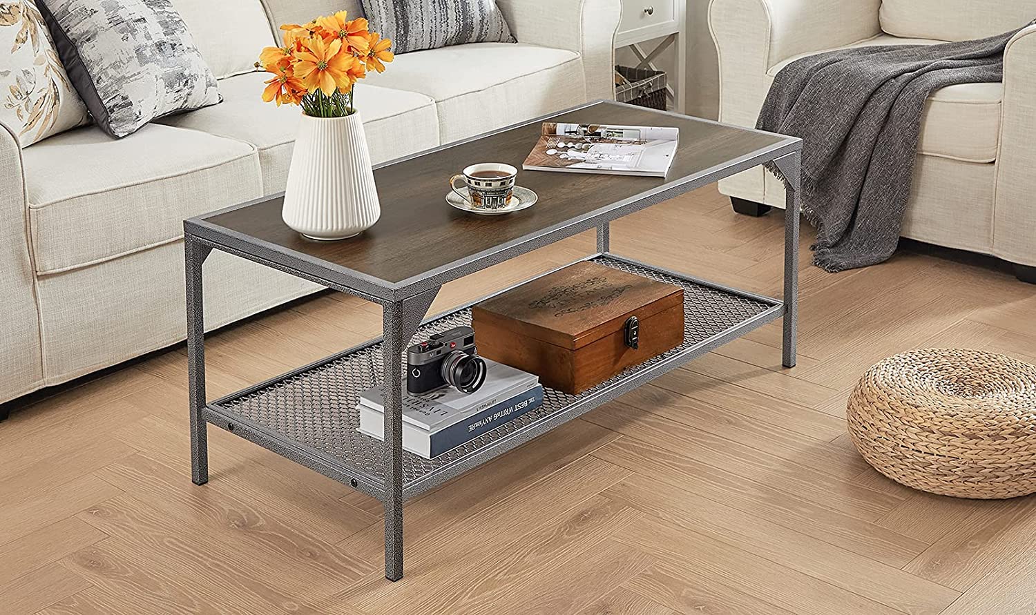Industrial Coffee Table with 3D Texture Metal Frame & Mesh Storage Shelf - Modern Living Room, Bedroom & Home Office Center Table - Perfect for Small Spaces, Apartments & Coffee Lovers' Gatherings