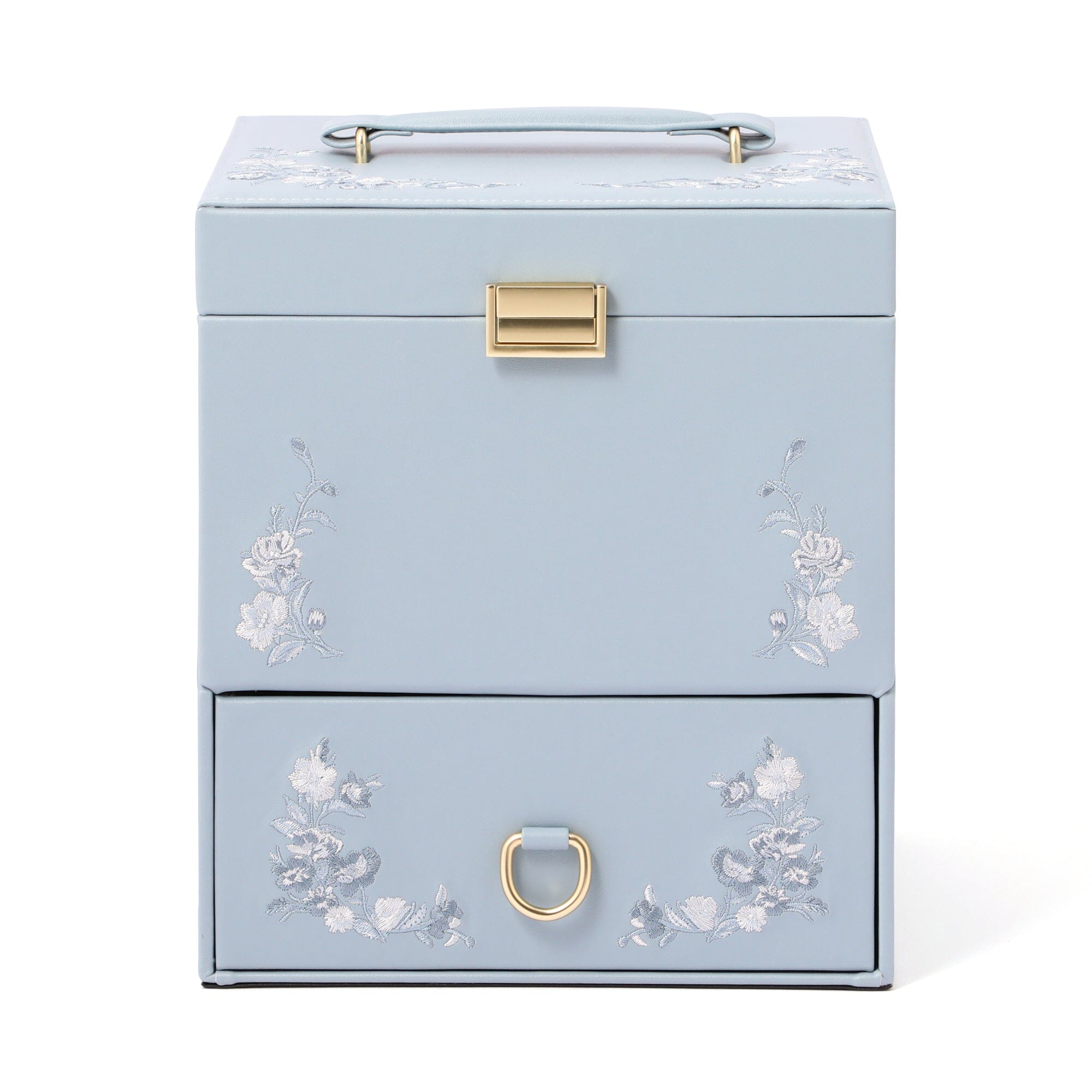 Blue Floral Embroidery Cosmetic Box - Elegant Storage for Makeup, Jewelry & Travel Essentials | Perfect for Vanity, Gift & Organizing Beauty Accessories