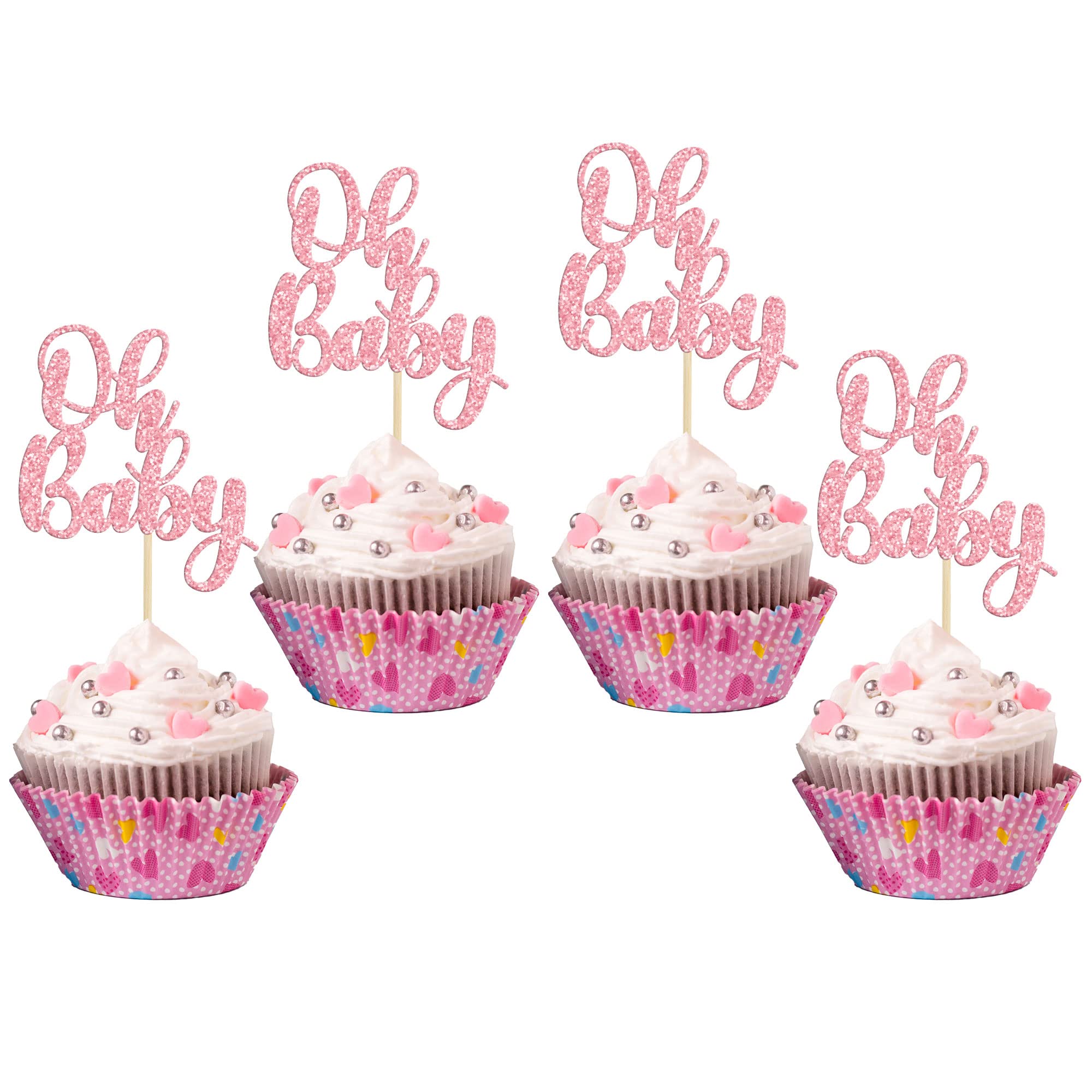 36 Pack Pink Glitter Oh Baby Cupcake Toppers - Baby Shower Cake Decorations, Party Supplies for Gender Reveal, Birthday Celebrations & Bridal Showers