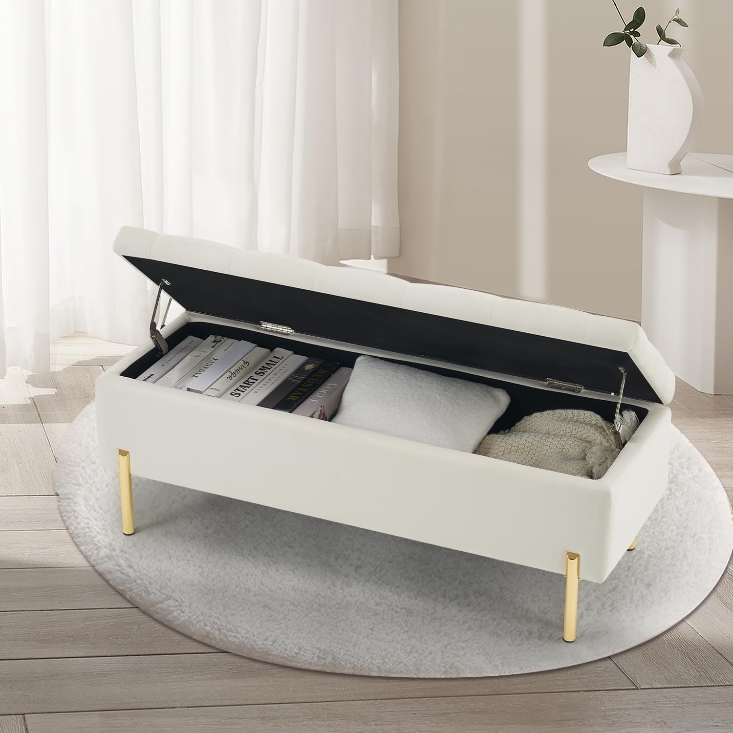 Velvet Storage Bench Ottoman with Hidden Compartment - Tufted Upholstered Seat for Bedroom, Living Room & Entryway - Versatile Multi-Functional Furniture (Ivory) | Perfect for Extra Seating, Bedroom Decor & Entryway Organization