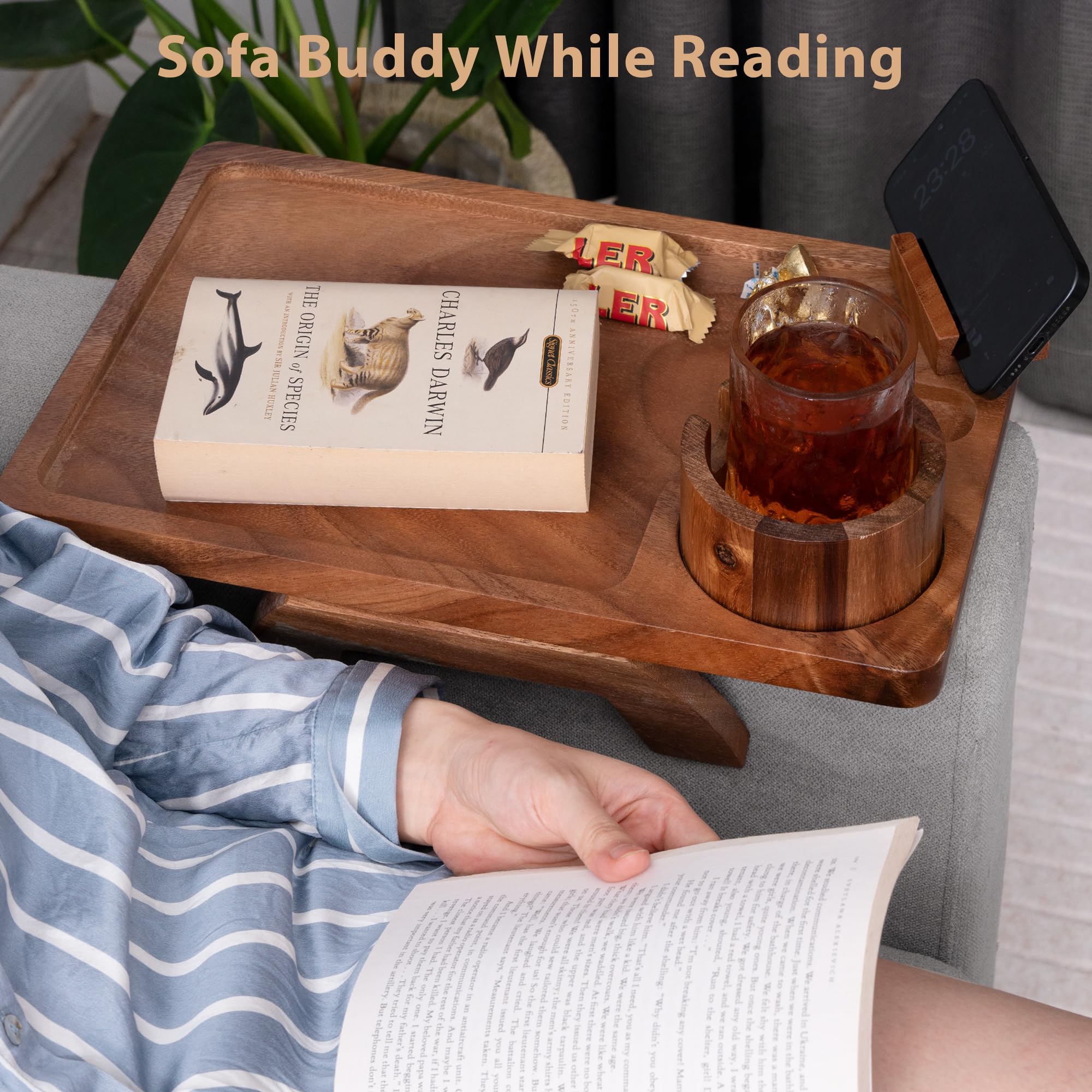 **Acacia Wood Sofa Arm Tray - Portable Large Couch Cup Holder with Anti-Spill Design | Perfect for Snacks, Beverages & Remote Control | Ideal for Living Room, Bedroom & Home Theater Use**