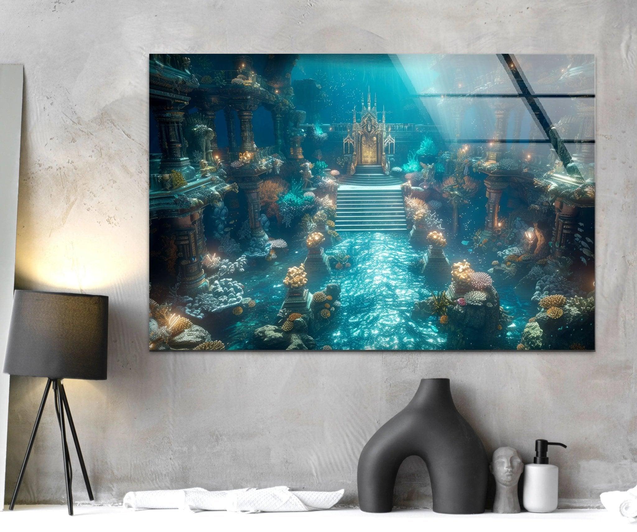 Atlantis Place Glass Wall Art - Stunning Ocean-Themed Decor for Living Room, Bedroom & Office | Handmade Glass Mural for Home & Office Decor
