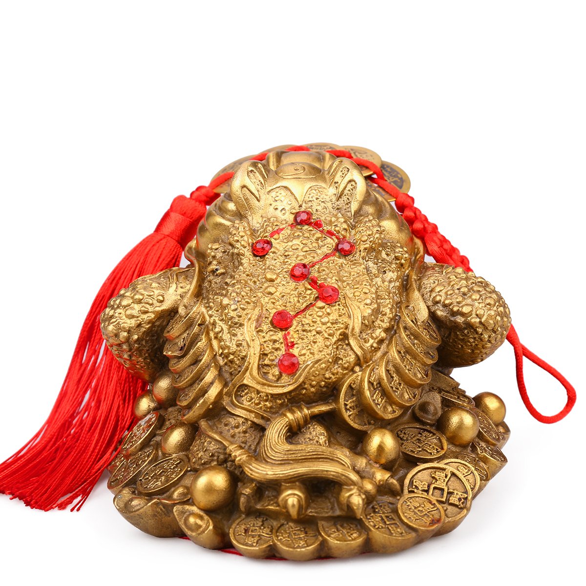 Authentic Chinese Brass Feng Shui Money Frog Statue - Three-Legged Wealth Toad with 5 Lucky Charm Ancient Coins on Red String - Prosperity Home & Office Decor for Good Fortune & Abundance