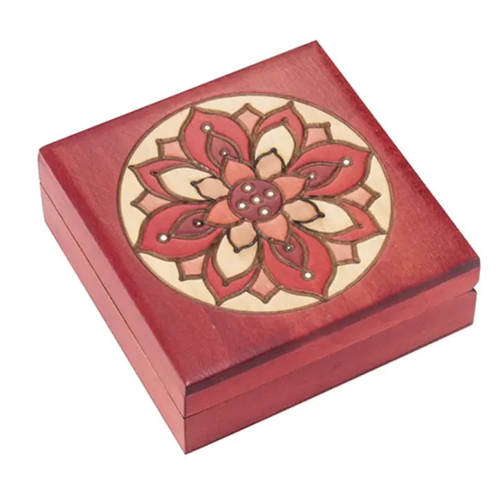 Handmade Carved Wooden Box with Mandala Design - Red Square Storage Box for Jewelry, Gifts & Home Decor | Perfect for Organizing Trinkets, Displaying Collectibles & Enhancing Room Aesthetics