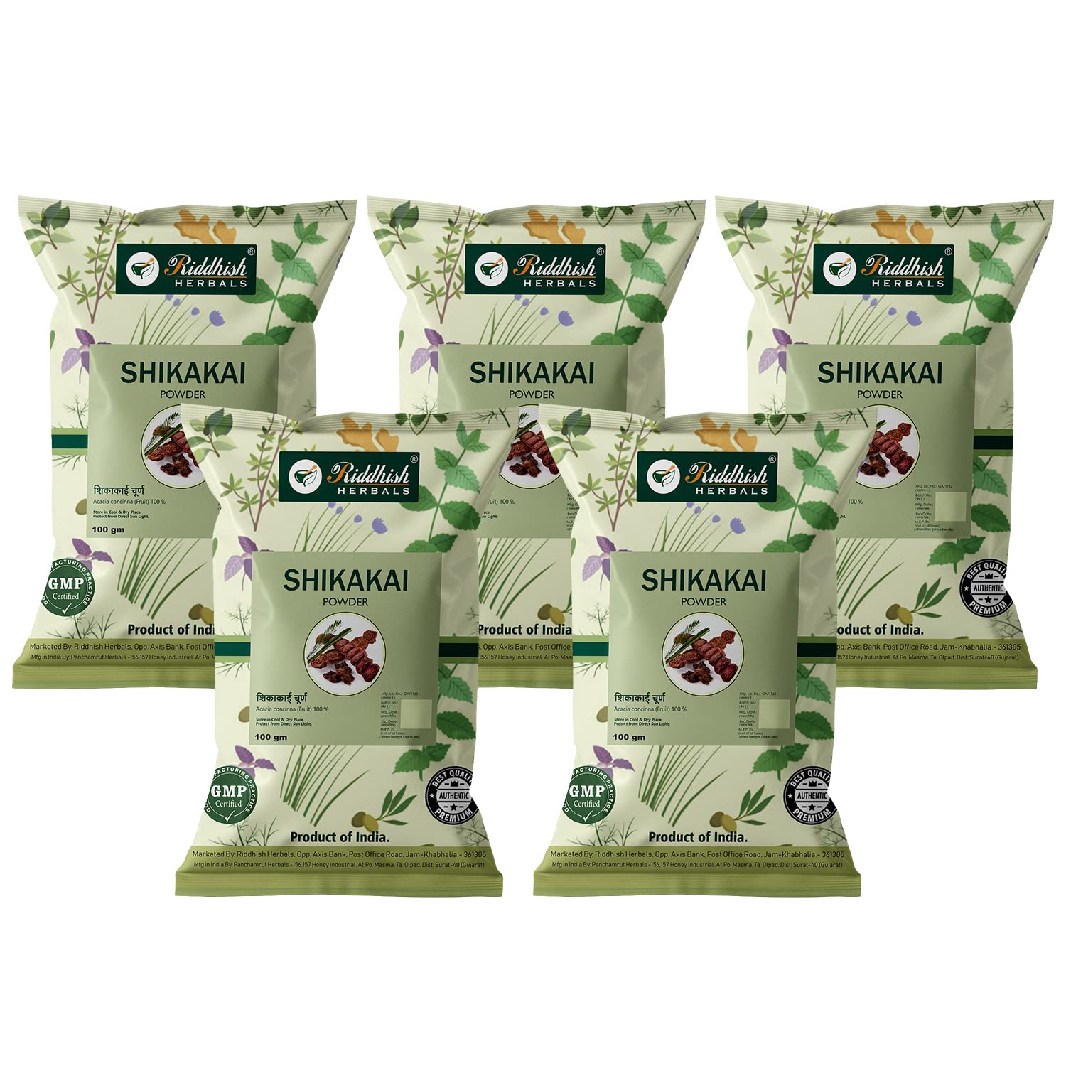Riddhish HERBALS Natural Shikakai Powder for Hair Growth & Strength - Ayurvedic Herbal Hair Conditioner for Shine & Nourishment - Suitable for All Hair Types - Pack of 5 (100g Each) - Perfect for Daily Hair Care & Scalp Treatment