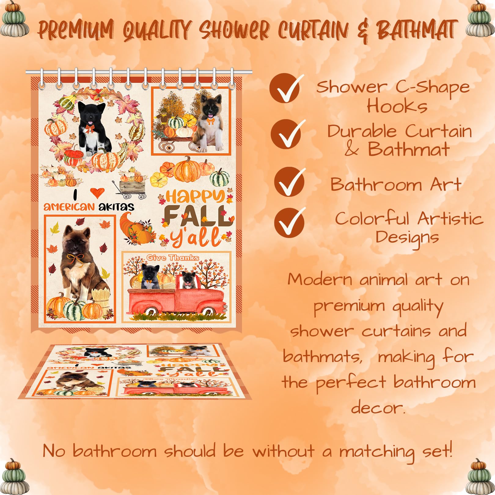 Non-Slip Pumpkin American Akita Dog Bath Mat & Shower Curtain Set - Plush Bathroom Decor Rug with Polyester Bathtub Curtain (16''x28'' Mat + 69