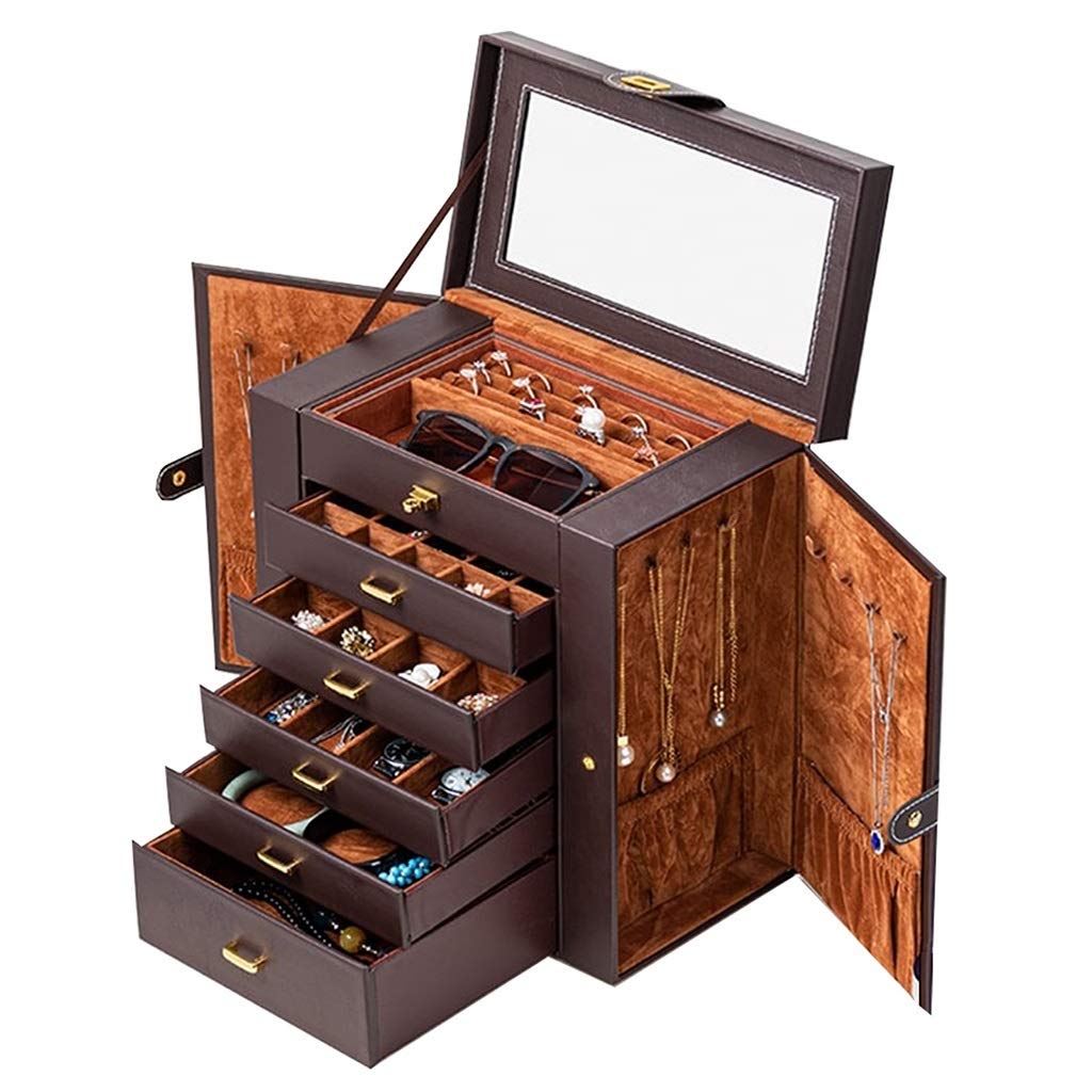Multifunctional Double-Sided Jewelry Organizer with Extension - 5-Layer Drawer Storage Box for Necklaces, Rings & Earrings (Brown, 33×30×17cm) - Perfect for Bedroom Vanity, Closet & Travel Accessory Organization