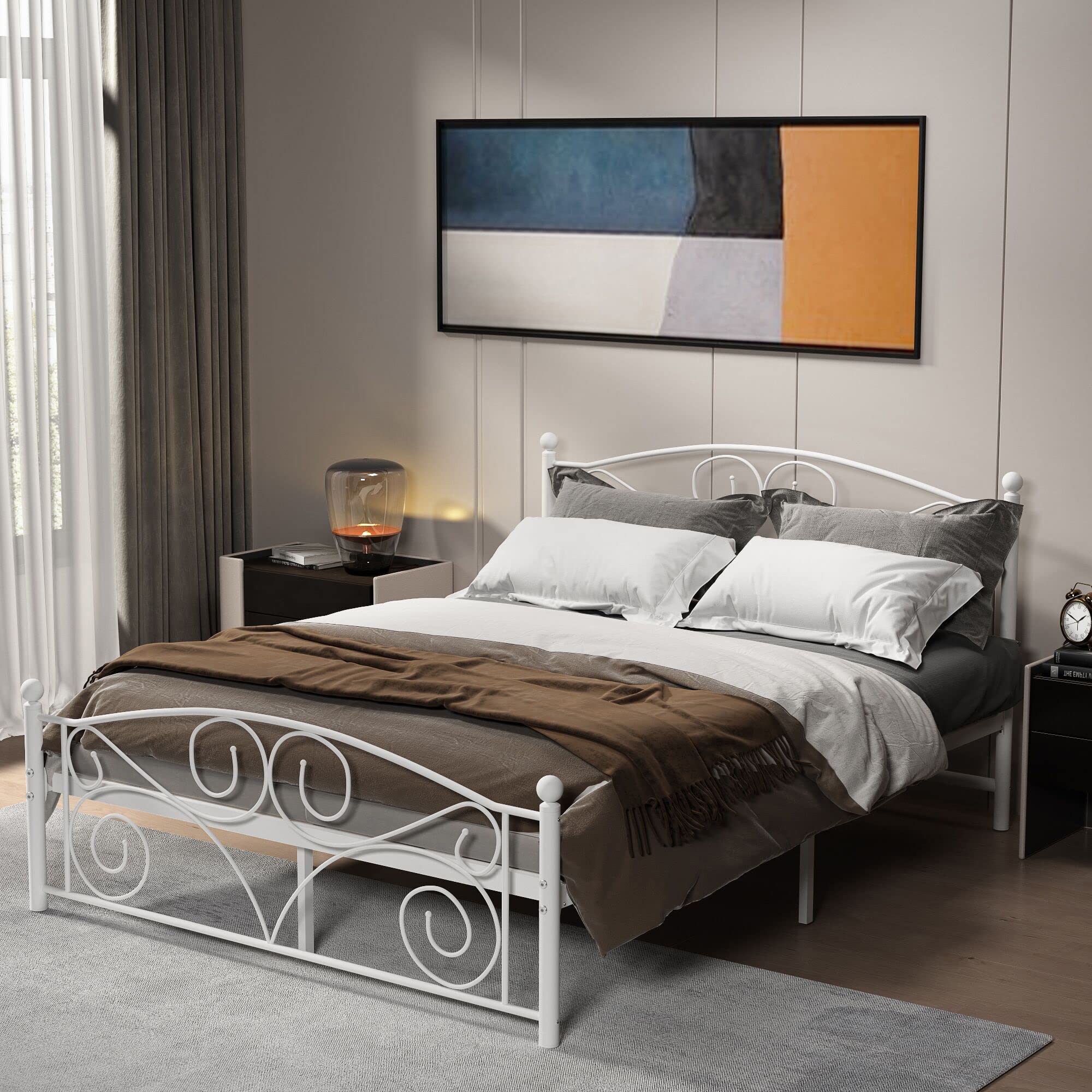 Queen Size Metal Bed Frame with Headboard & Footboard - Sturdy & Easy to Assemble, White Floral Design - Perfect for Master Bedroom, Guest Room & Dormitory