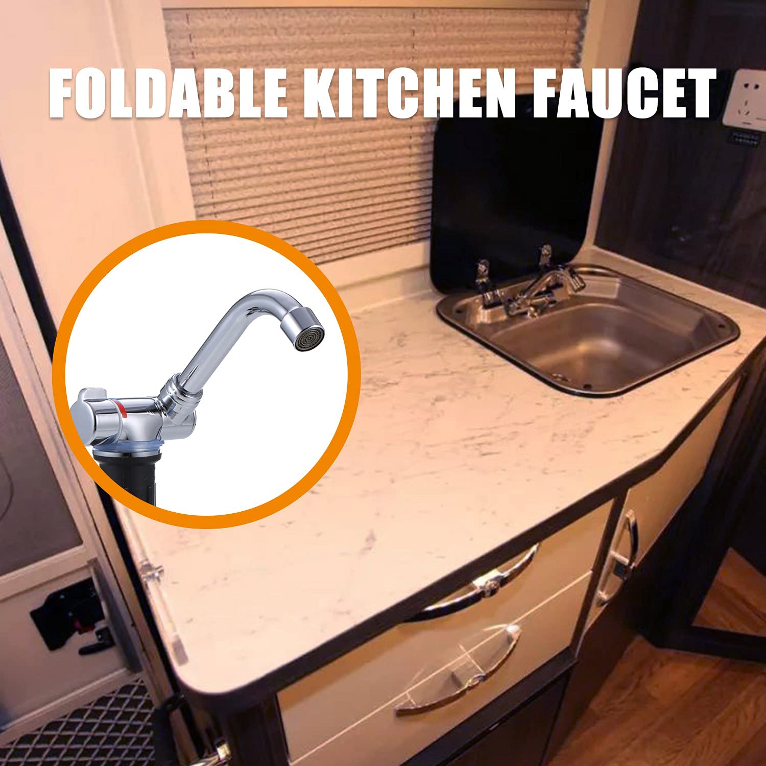 360 Degree Rotating Foldable Kitchen Faucet - Single Handle Hot & Cold Water Mixer Tap with Copper Construction for RV, Boat, Camper (Silver) | Perfect for Small Spaces & Outdoor Adventures