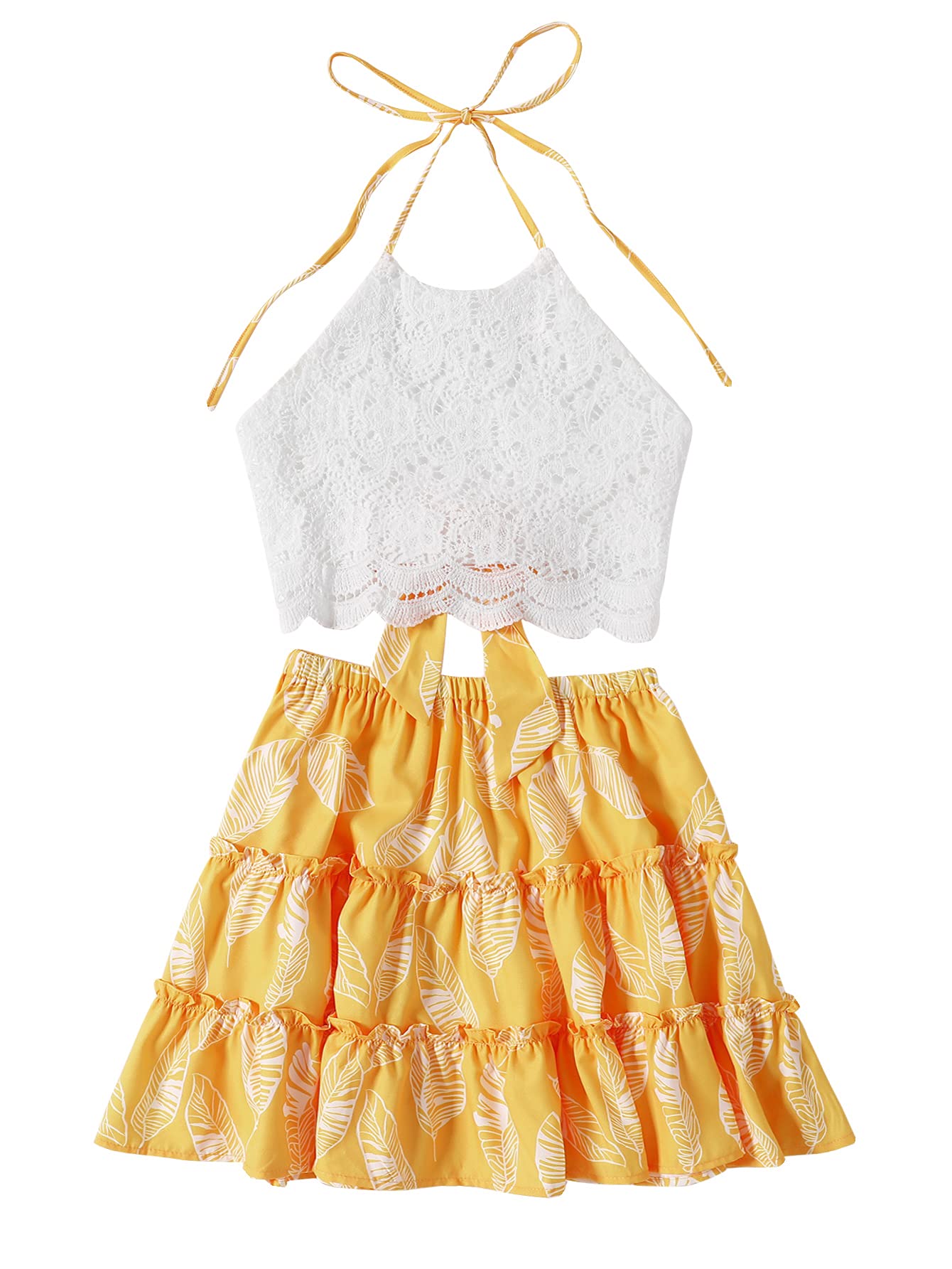 LYANER Women's 2 Piece Outfits Summer Lace Halter Cami Crop Top with Floral Mini Skirt Set - Sexy Casual Outfit for Beach, Party & Date Night
