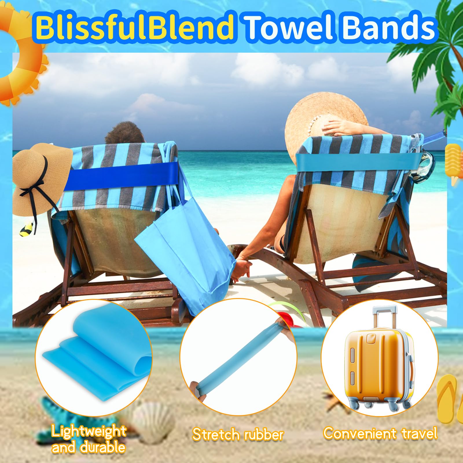 8 Pack Stretchable Beach Towel Bands for Cruise Chairs & Pool Loungers - 2025 Must-Have Travel Accessories | Secure Towel Clips Alternative for Beach, Poolside & Vacation Use
