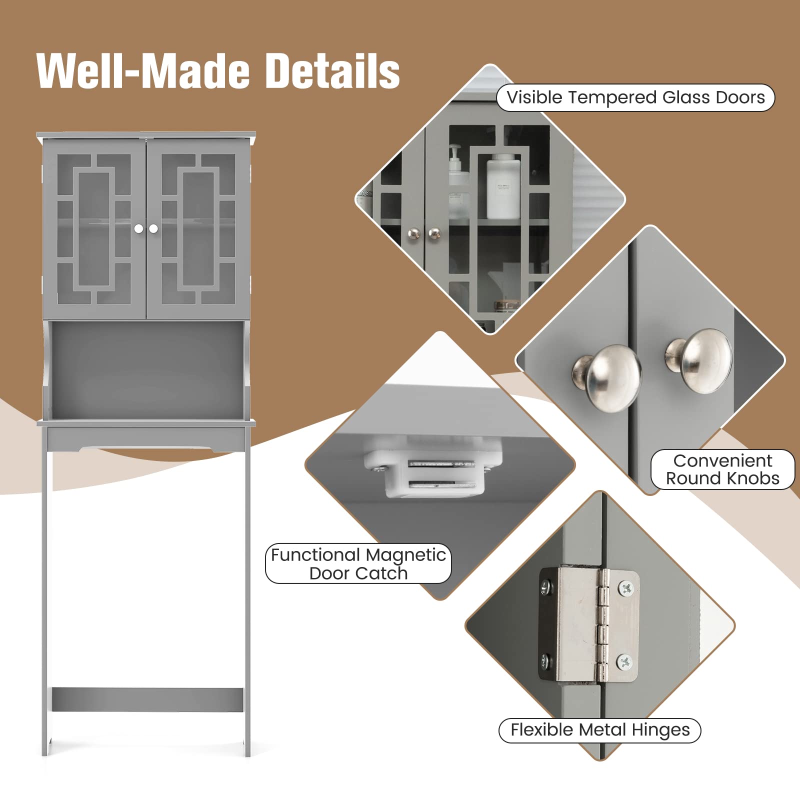 Giantex Over-The-Toilet Storage Organizer with Cabinet & Shelf - Space Saving Bathroom Storage Rack for Towels, Toiletries & Cleaning Supplies - Above Toilet Standing Shelf (Gray) - Perfect for Small Bathrooms & Apartment Living