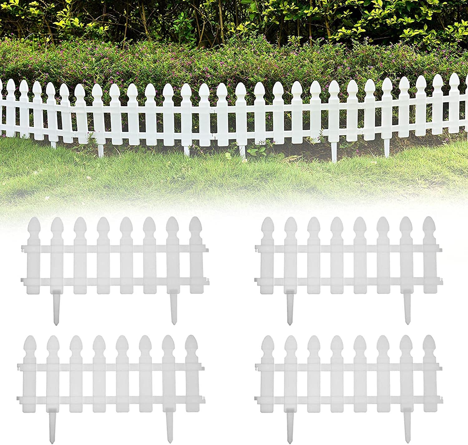 18.89x11.42 Inch White Plastic Garden Fence Panels - 4 Pack Decorative Flower Bed Border, Animal Barrier & Landscape Edging for Yard, Lawn, and Outdoor Decor