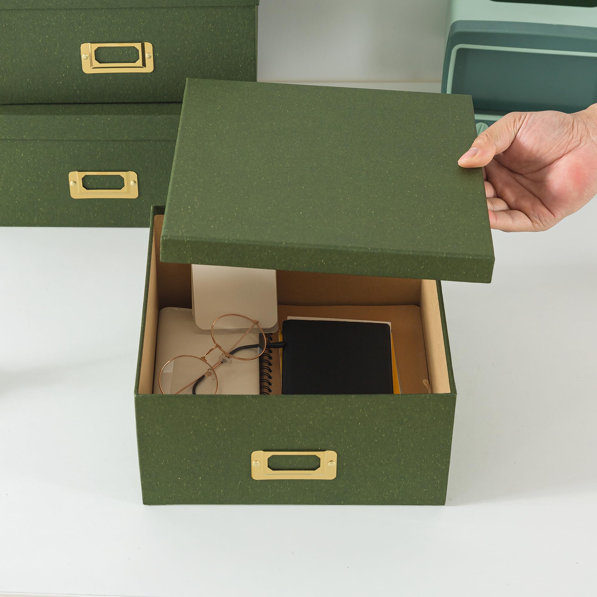 Eco-Friendly Green Kraft Paper Storage Boxes - Set of 3 Square Stackable Boxes with Lids & Gold Label Holders for Home Organization, Photo Storage, and Decorative Display | Perfect for Living Room, Bedroom, and Office Decor