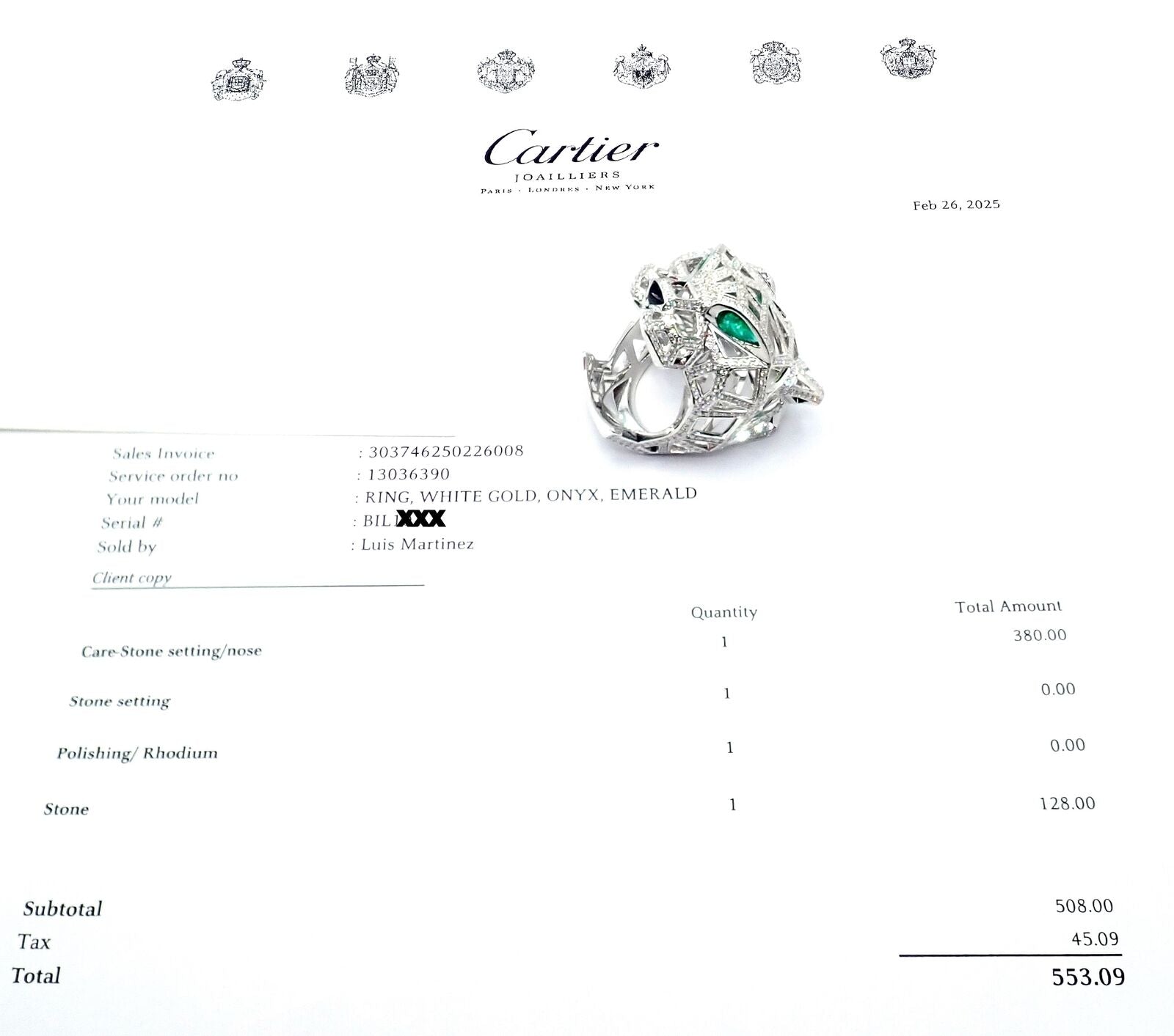 Cartier Panther Panthere 18k White Gold Emerald & Diamond Ring Size 54 - Luxury Jewelry for Women, Elegant Gift for Anniversary & Special Occasions