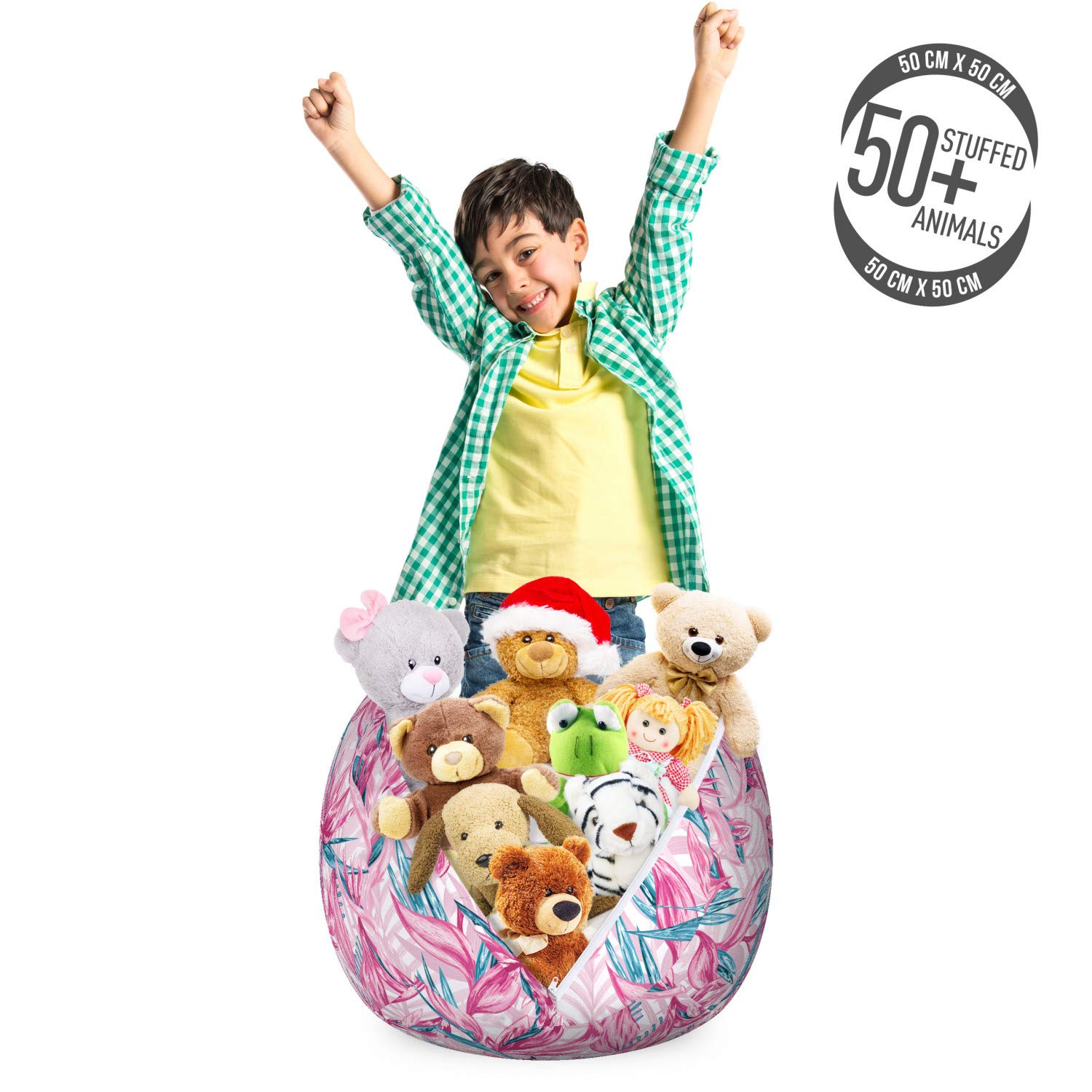 Ambesonne Floral Toy Storage Bag Chair - Tropical Island Flowers & Leaves Design, Washable Stuffed Animal Organizer, Small Size in Pink & Dark Turquoise - Perfect for Kids' Room, Nursery, or Playroom Organization