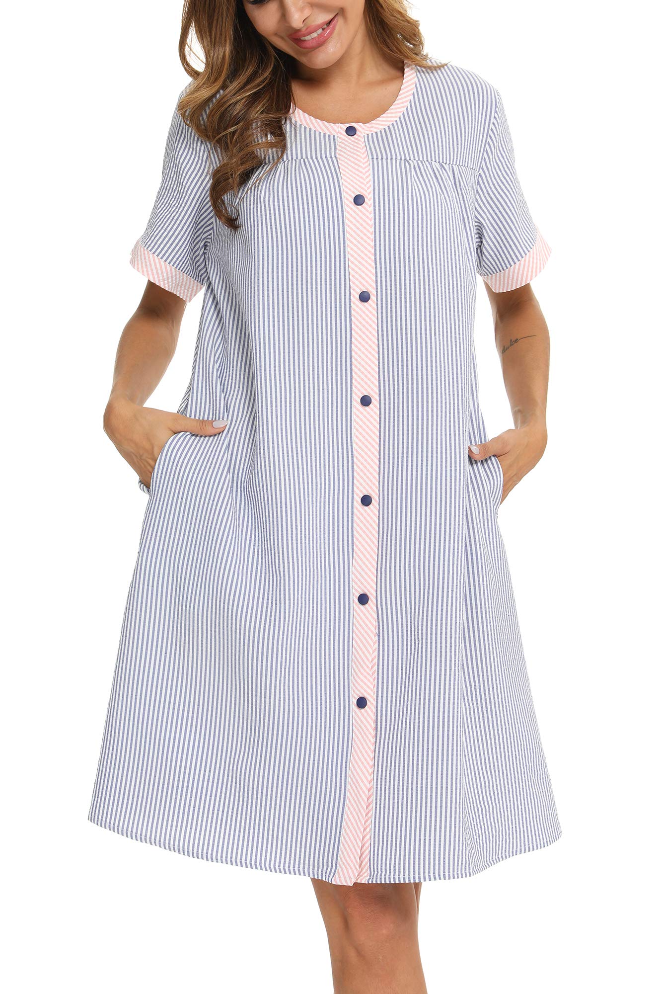 YOZLY Women's Short Sleeve House Dress - Casual Home Robe with Pockets, Lightweight Duster for Lounging, Maternity Nightgown & Morning Coffee | Perfect for Relaxing at Home, Running Errands or Postpartum Comfort