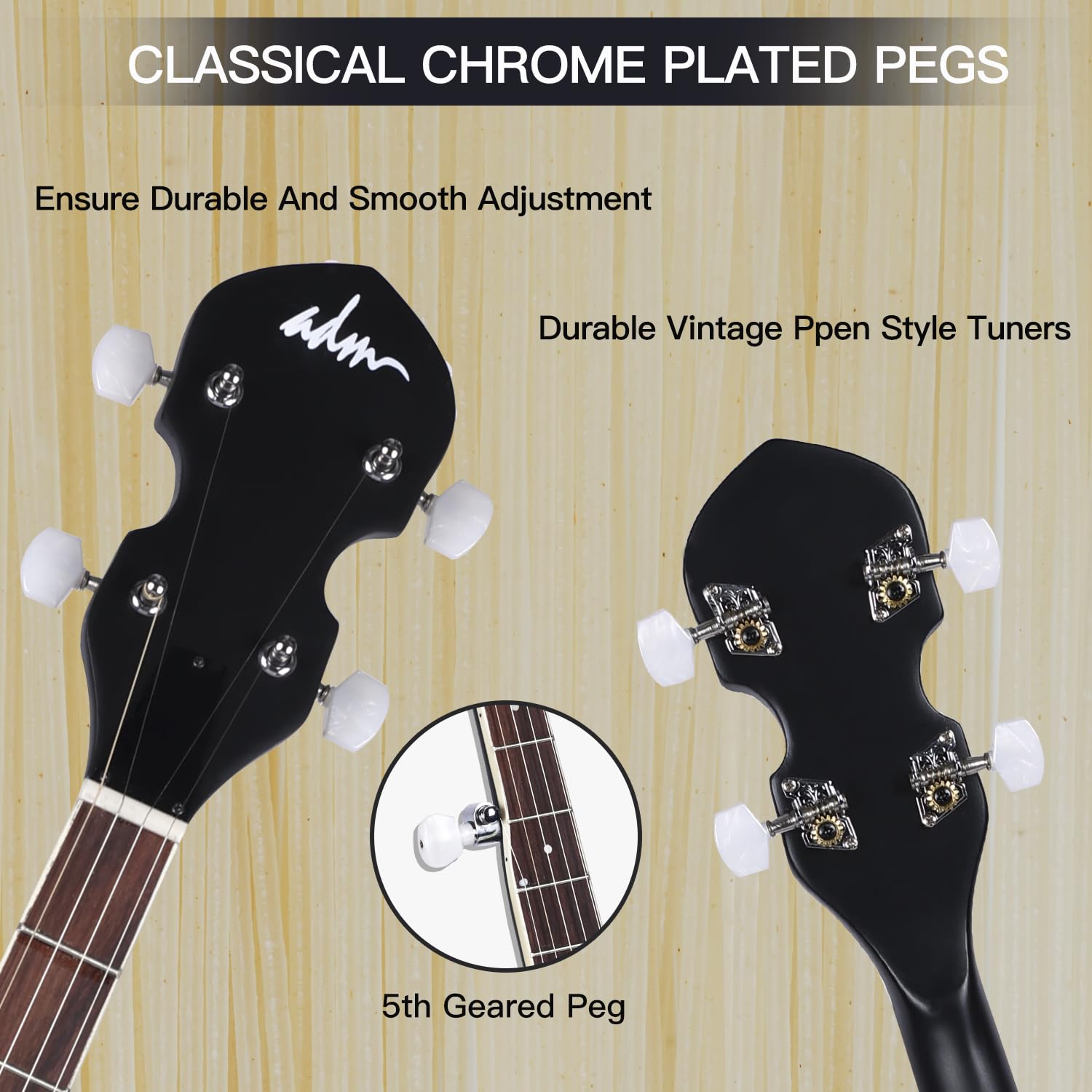 ADM 5-String Full Size Banjo Kit - 38 Inch Beginner Banjo with Resonator, Remo Drum Head (Open/Closed Back) | Free Lessons & Starter Accessories | Ideal for Adults & Teenagers | Perfect for Bluegrass, Folk Music & Beginners | Black