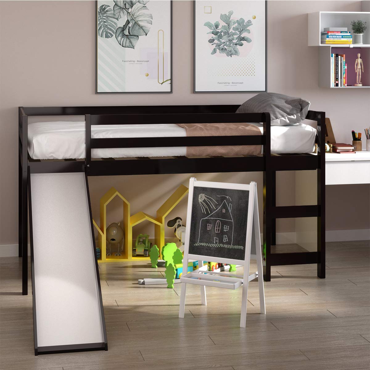 Costzon Twin Loft Bunk Bed with Slide - Solid Wood Kids Bunk Bed Frame with Built-in Ladder, Safety Guard Rail & Storage Space - Low Profile Bunk Bed for Boys & Girls Bedroom (Espresso) - Perfect for Small Spaces, Kids' Rooms, Sleepovers & Space-Saving Solutions