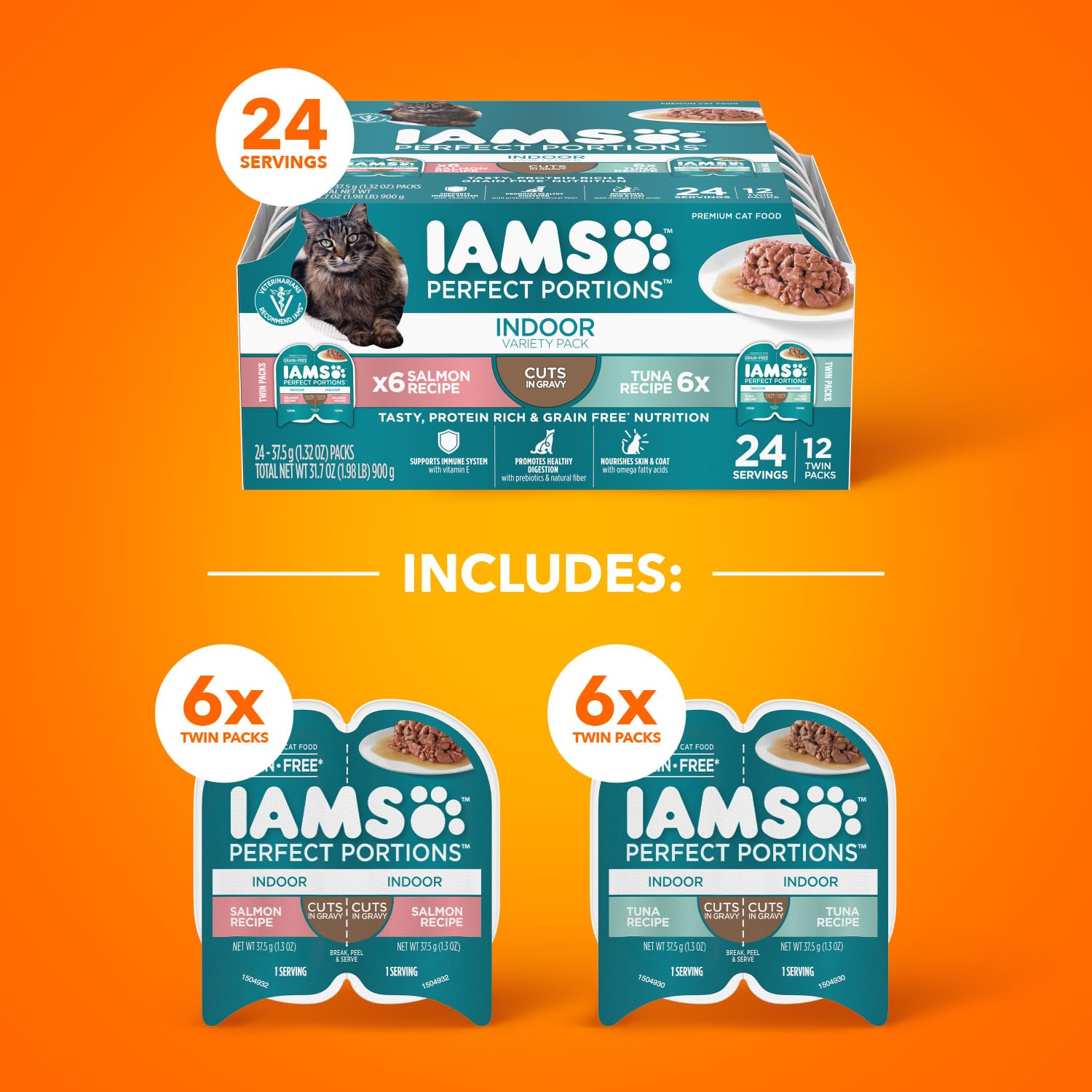 Iams Perfect Portions Indoor Adult Grain-Free Wet Cat Food Pate Variety Pack - Salmon & Tuna Recipes (12 Twin-Pack Trays, 24 Servings, 2.6 oz Each) | Easy Peel Convenience for Daily Feeding | Perfect for Picky Eaters & Sensitive Stomachs