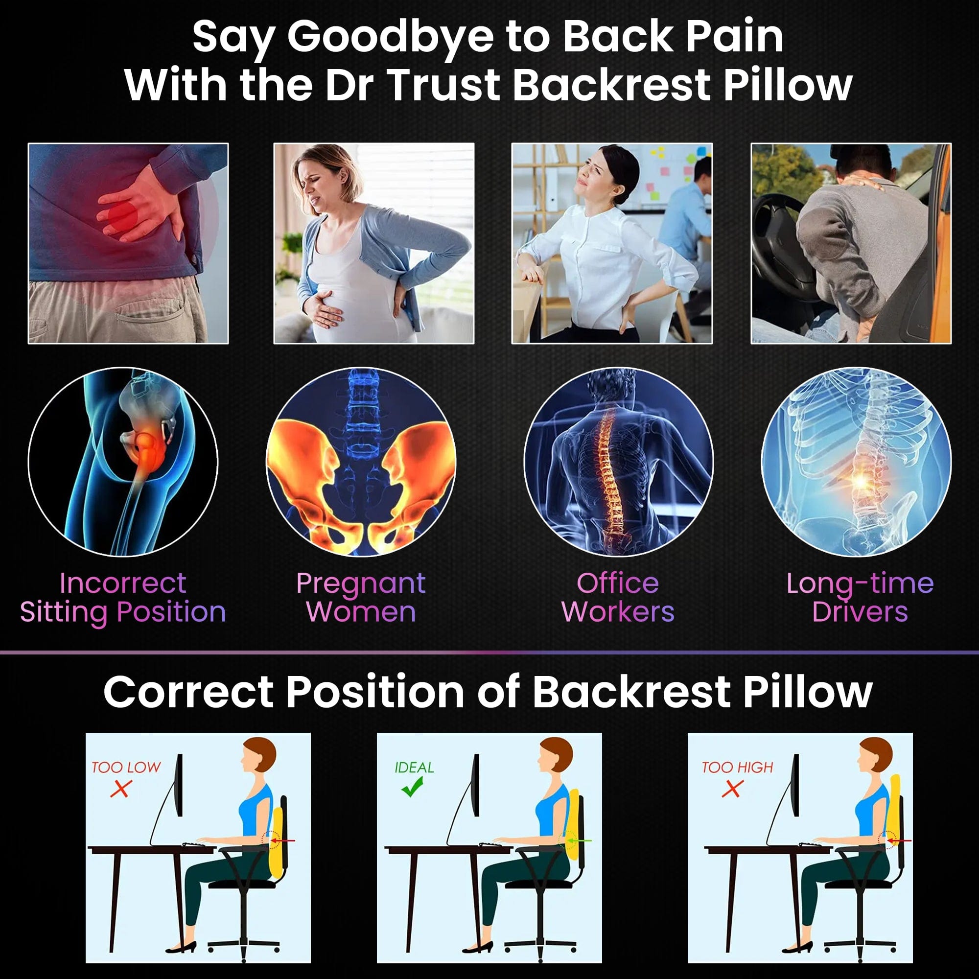 Dr Trust USA Backrest Pillow 305 - Orthopedic Lumbar Support Cushion for Lower Back Pain Relief, Posture Corrector (Soft) - Perfect for Office Chair, Bed, Sofa & Car Use