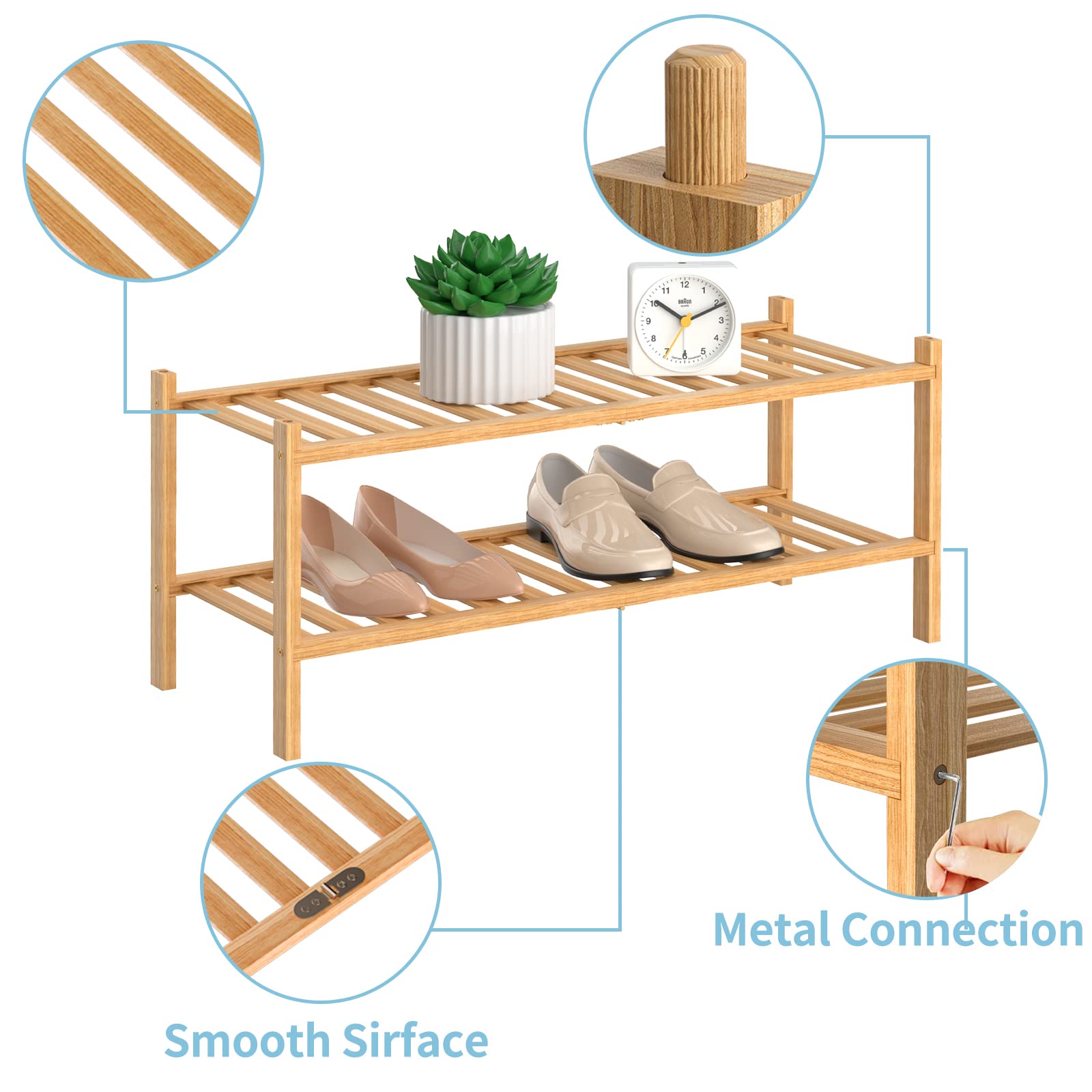 2 Tier Bamboo Shoe Rack Organizer - Free Standing Wooden Shoe Shelf for Closet & Entryway - Space Saving Stackable Storage Solution for Small Spaces - Perfect for Organizing Shoes, Bags & Accessories in Bedroom, Hallway or Mudroom