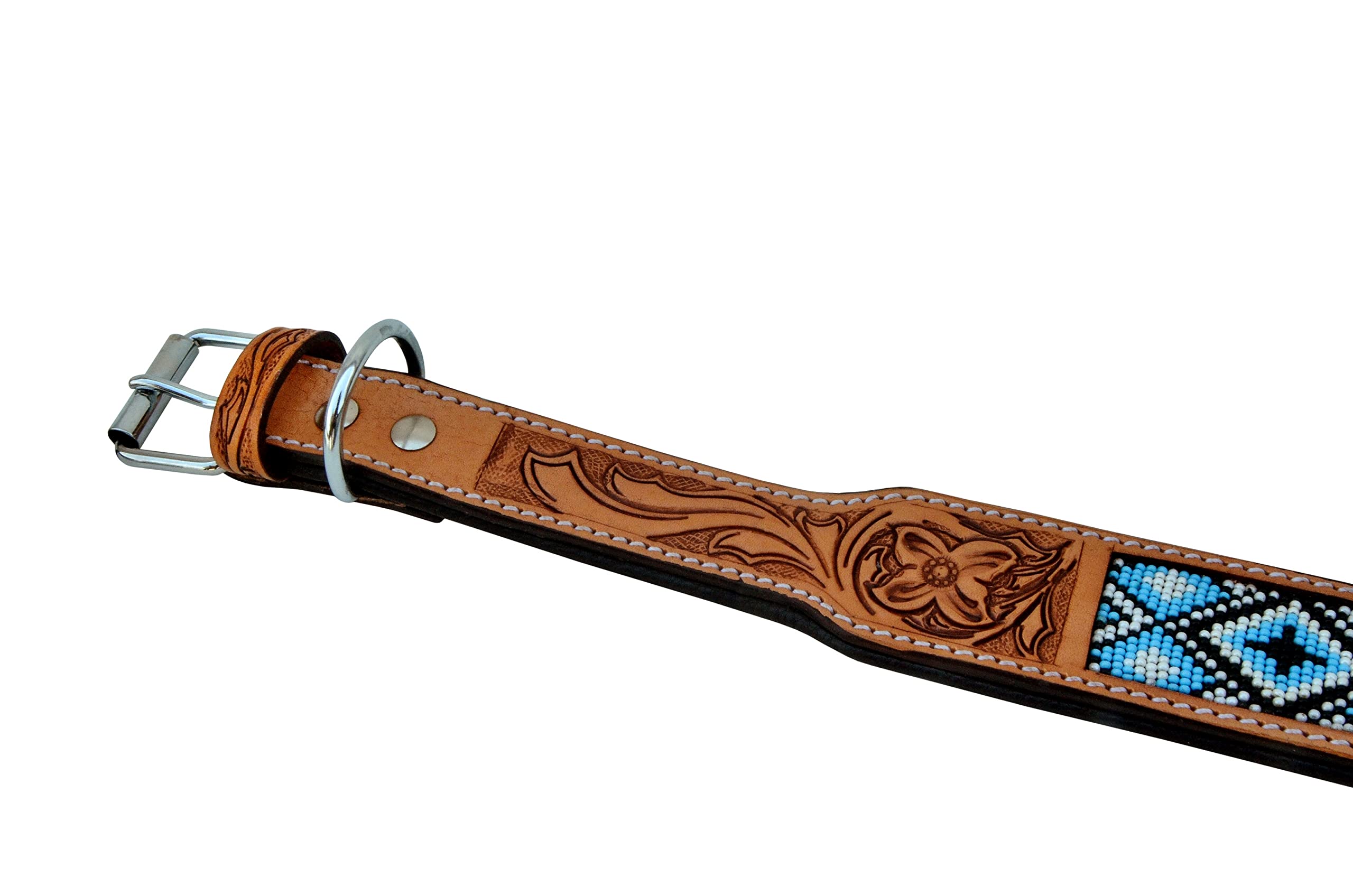Western Style Leather Dog Collar - Heavy Duty Hand-Tooled Adjustable Beaded Padded Soft Collar for Puppies & Large Dogs (10AB020) - Perfect for Training, Walks & Outdoor Adventures