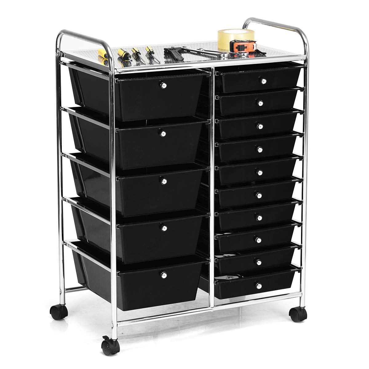 15-Tier Rolling Storage Cart with 4 Wheels - Moccha Drawer Organizer for Cosmetics, Office Supplies & Files - Perfect for Home, Studio & Office Organization - Black Storage Solution for Small Spaces