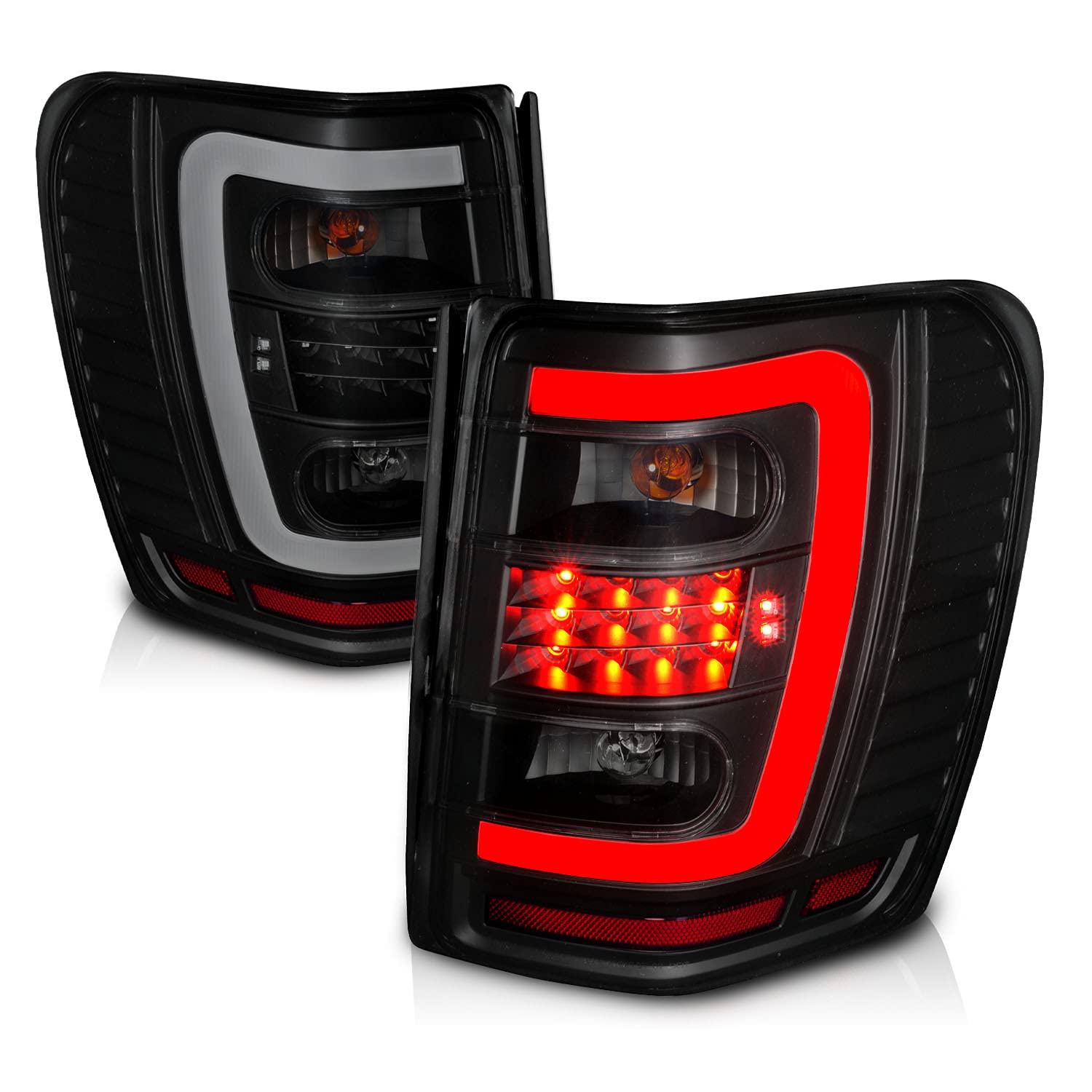 1999-2004 Jeep Grand Cherokee C-Type LED Tube Tail Lights - Dark Black Replacement Set (Driver & Passenger Side) | Enhanced Visibility & Stylish Upgrade for Off-Road Adventures & Night Driving
