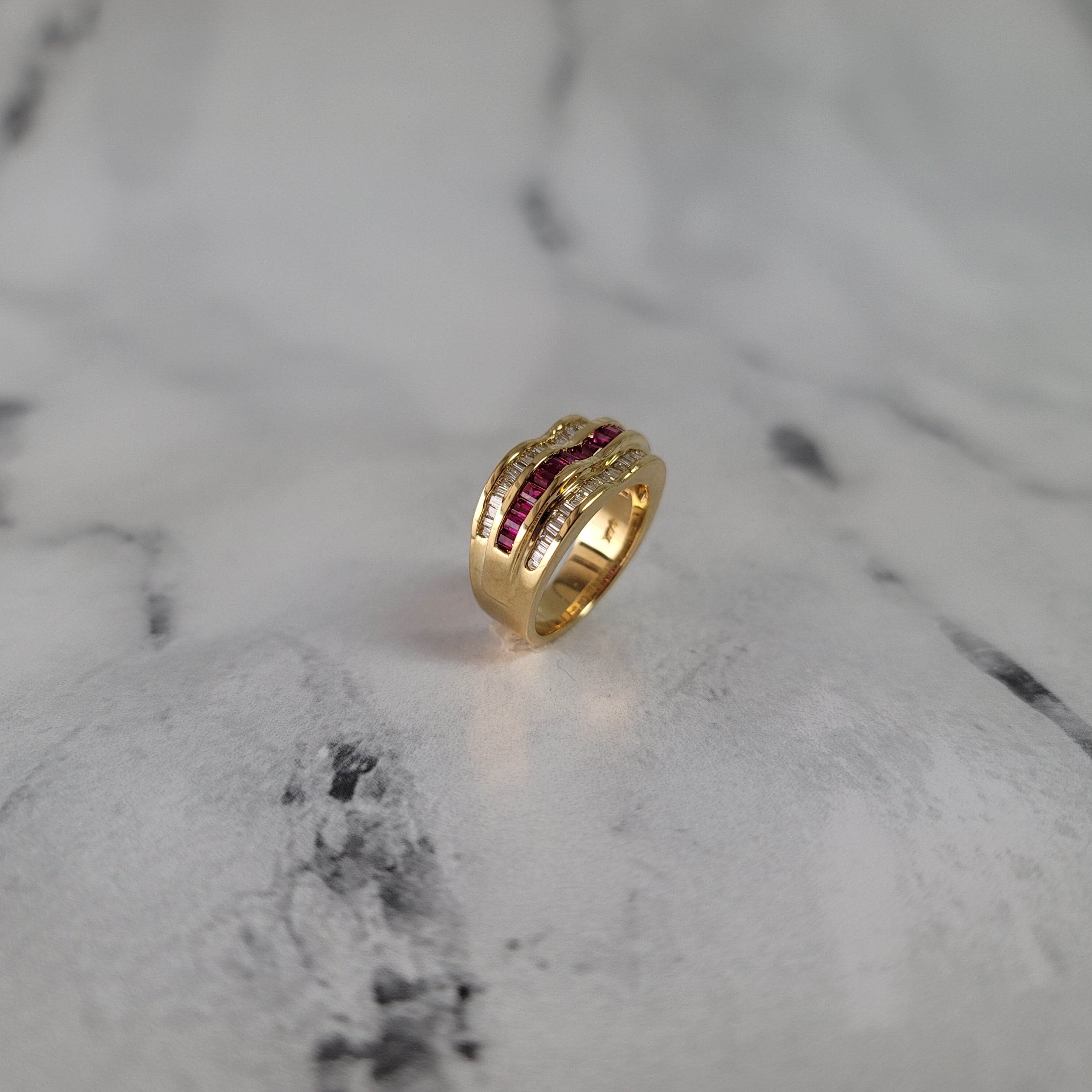 14k Yellow Gold Ruby & Diamond Baguette Cocktail Ring - Elegant Statement Jewelry for Evening Parties, Weddings & Special Occasions