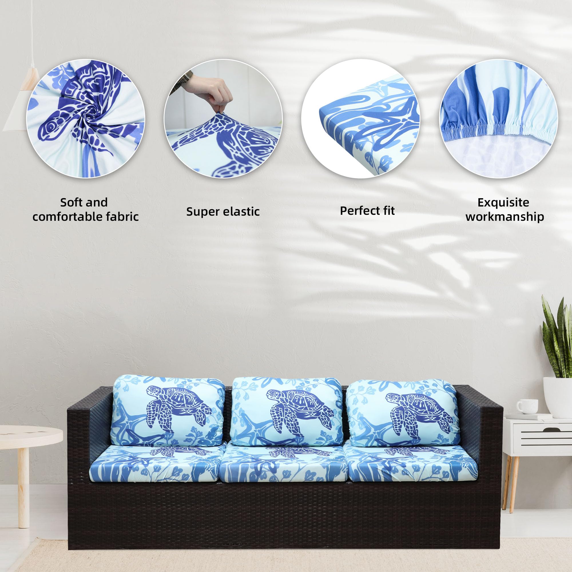 8Pcs Stretch Patio Cushion Covers - Waterproof Outdoor Furniture Slipcovers for Sofa, Chair & Couch Replacement - Washable & Durable Patio Seat Covers (Sea Turtle Pattern) - Perfect for Backyard, Deck, Poolside & Garden Furniture Protection