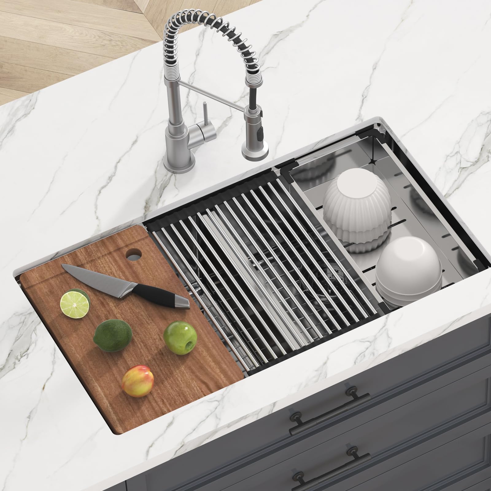 VEVOR 33 Inch 304 Stainless Steel Double Bowl Kitchen Sink - Undermount/Drop-In Design with Ledge & Accessories - Durable Workstation, RV, Prep Kitchen & Bar Sink for Dishwashing & Food Preparation